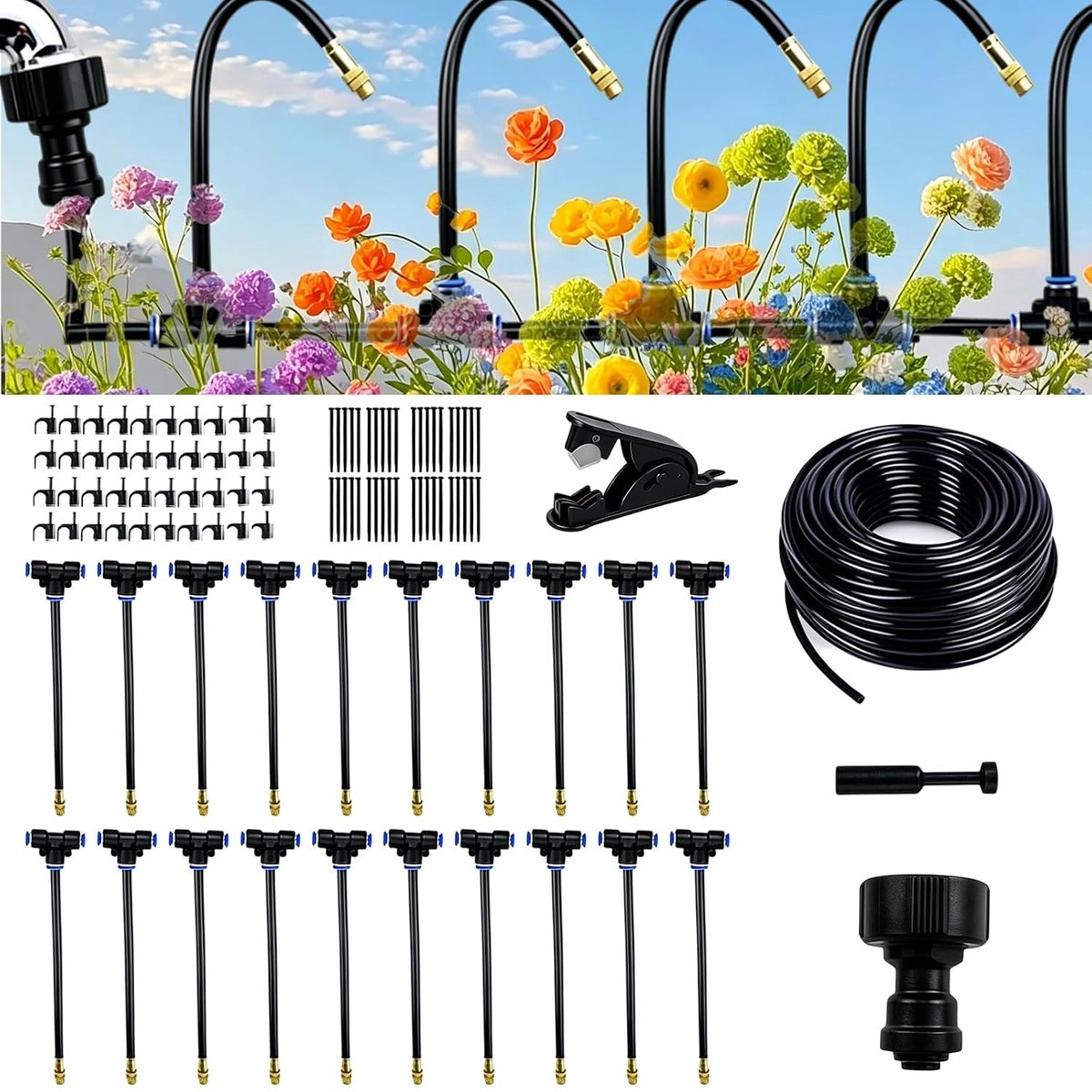 20 m irrigatiesysteem voor de tuin, irrigatiesysteem met 20 vernevelingssproeiers van koper, slangklemmen en bandklemmen, 360° verstelbaar voor gazon, kas, balkon