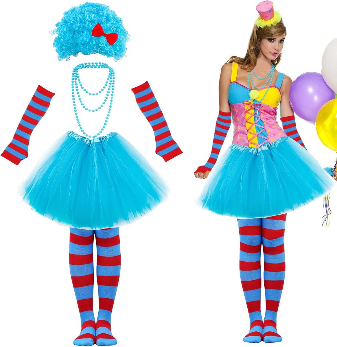 Cosplay Pruik Kostuum Accessoires, Afropruik Kostuum voor Dames met Afropruik, Tule Rok, Ketting, Hoge Sokken Vingerloze Handschoenen, Carnaval Kleurrijke Carnaval Kostuum