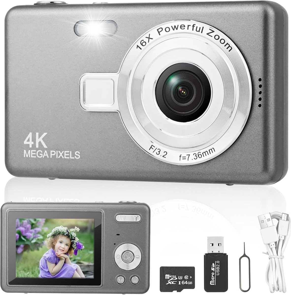 Digitale camera fotocamera met 64 GB kaart, 1080P FHD 40MP kindercamera 2,4 inch LCD, oplaadbare camera fotocamera met 8x digitale zoom digicam voor volwassenen, kinderen, jongens, meisjes