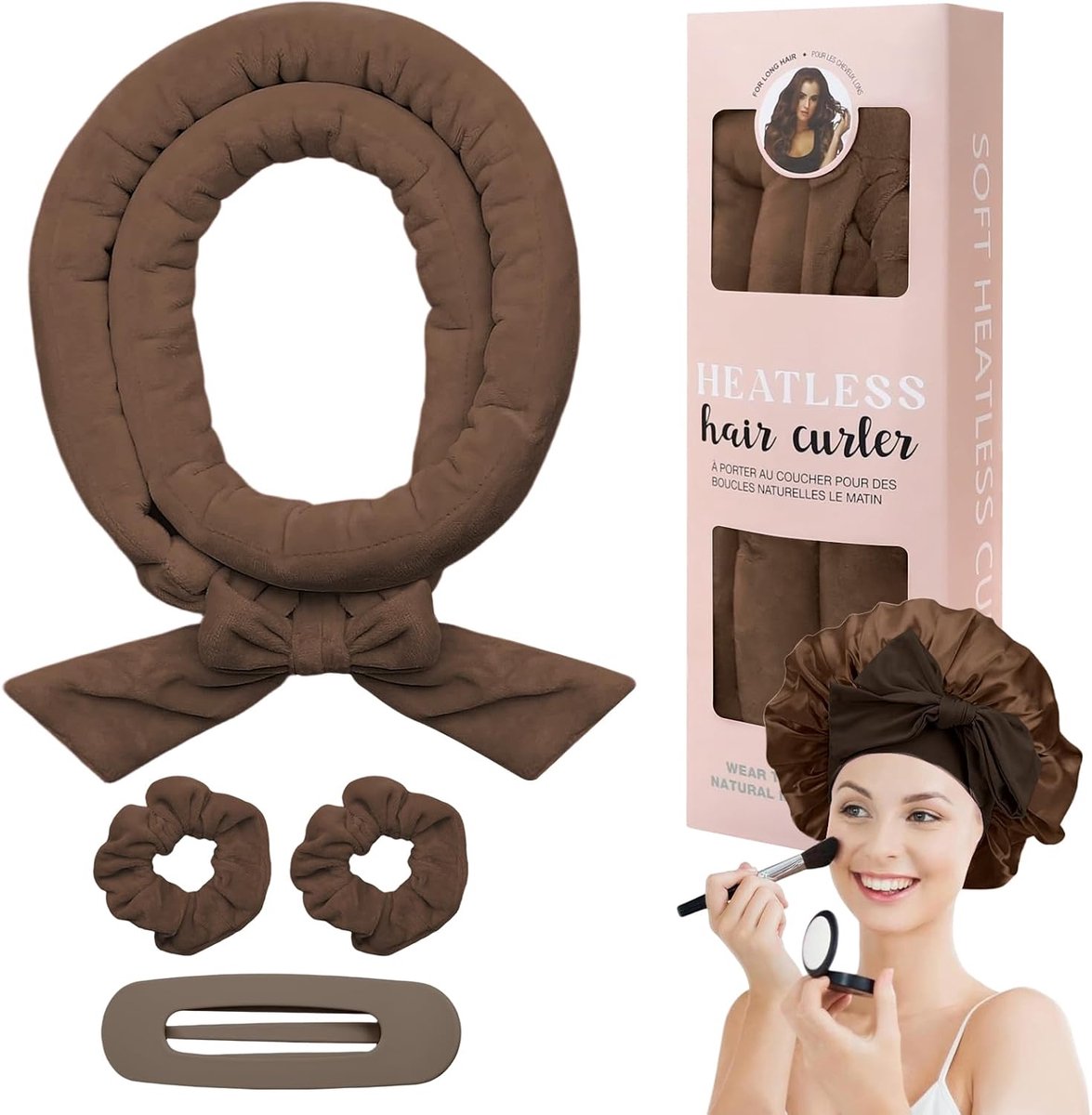 Krullen zonder hitte krullers 's nachts met slaapmuts Heatless DIY We krulband van fluweel antislip voor middellang lang haar (Bruin)