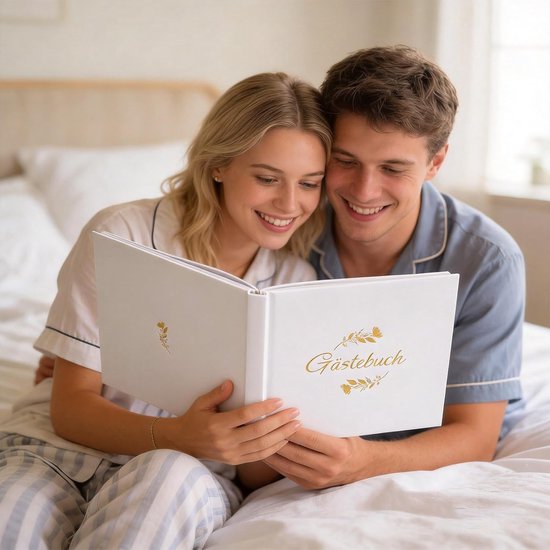 Gastenboek voor bruiloft, met 2 pagina's vaste fotostickers, hoogwaardig bruiloftsboek, hardcover met goudreliëf, afmetingen 21 x 23 cm, hoogwaardig gastenboek, 120 blanco pagina's, 6 pagina's — afbeelding 5