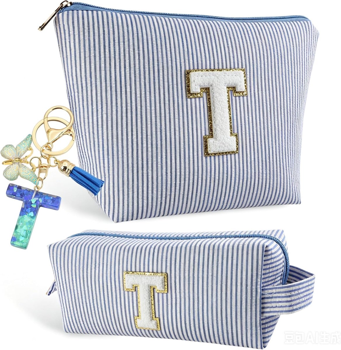 Tas, toilettas en sleutelhanger voor meisjes met initiaal, gepersonaliseerde cadeaus voor moeders, vriendinnen en zussen, kerstcadeaus voor dames, T, T