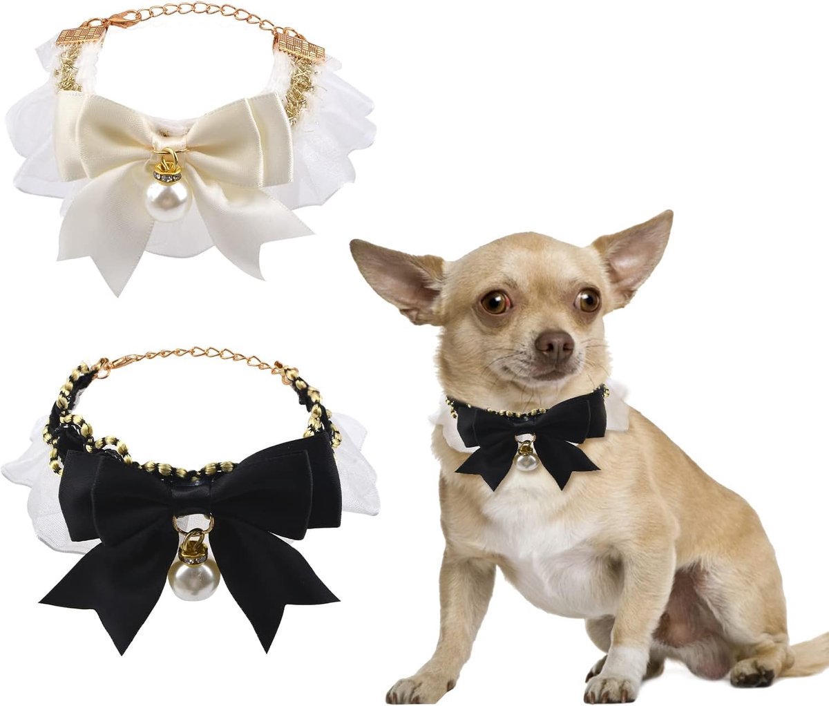 Lace Collar,2 Stuks Verstelbare Pet Collar Met Leuke Parel Hanger Elastische Zwart Wit Mooie Kant Kraag Voor Kat En Hond