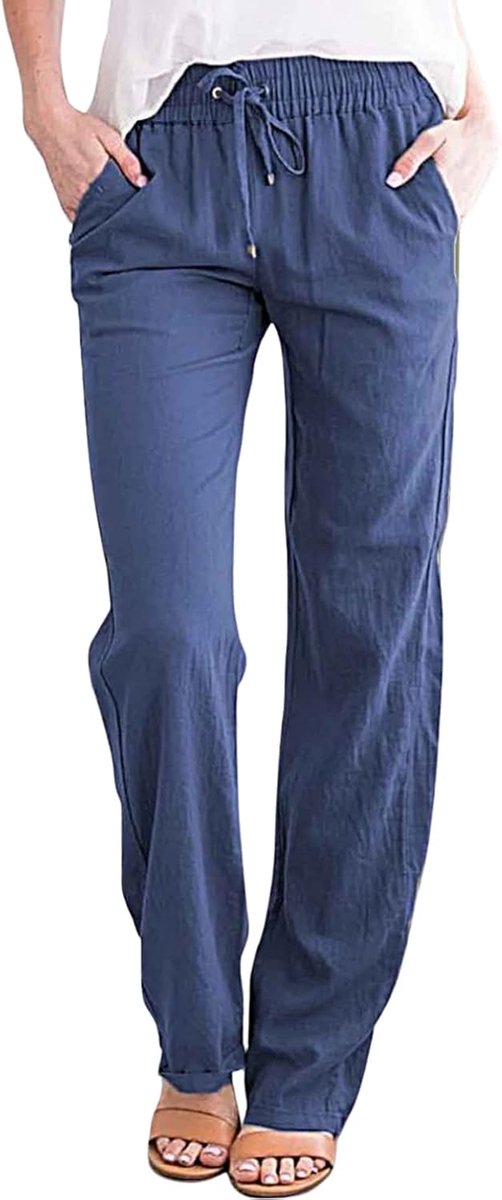 Damesbroek met zakken en trekkoord, zomer, casual, brede broek van katoen en linnen, elegant, comfortabel, strand, elastische broek met rechte pijpen