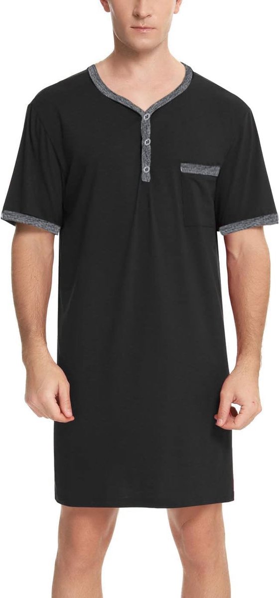 Nachthemd voor heren, katoenen pyjama met lange mouwen, korte mouwen, pyjama-bovenstuk, lang T-shirt, ronde hals met knopen, huiskleding, grote maat, zacht, comfortabel