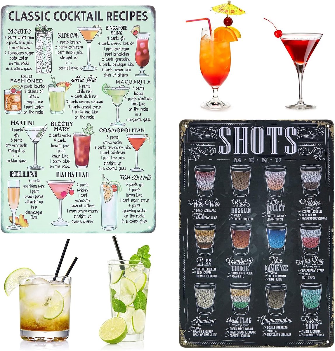 Bord, vintage, ijzer, klassiek, cocktailposter, metallic, retro barposter, wandplaat voor decoratie van café, bar, pub, restaurant, thuis, bier, 20 x 30 cm, 2 stuks