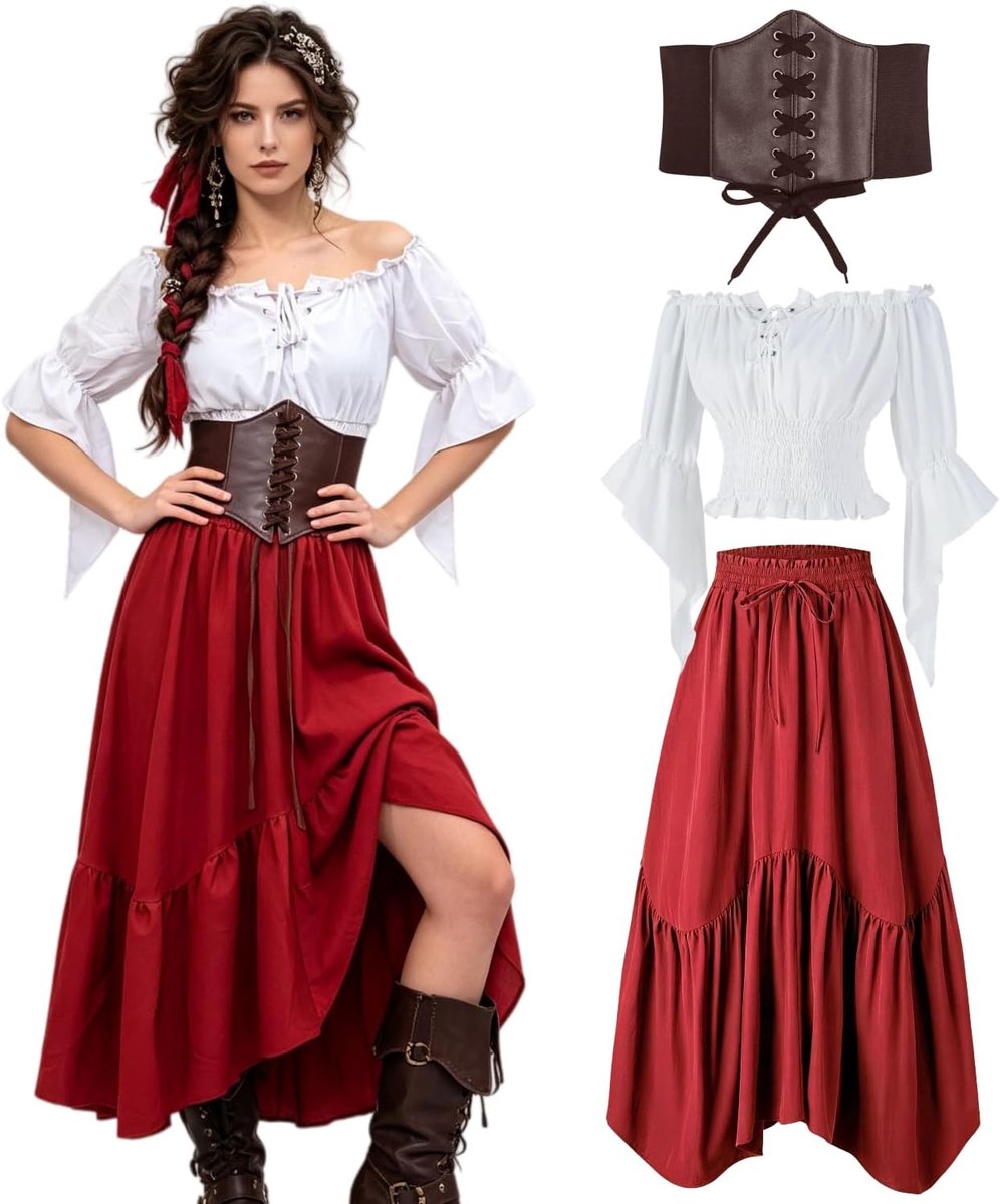 Kasahara Middeleeuwse kleding voor dames, renaissance-jurk voor dames, off-shoulder, trompetmouwen, blouse en maxi-rok met korset, retro, fee, piraten, heksenkostuums voor Halloween, carnaval, LARP