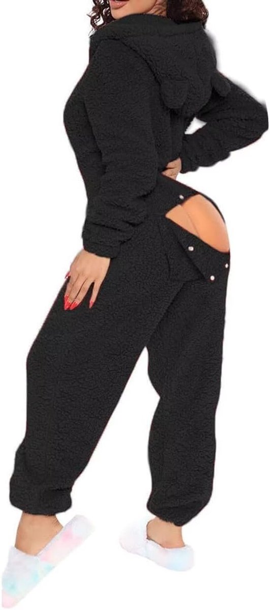Fleece jumpsuit met capuchon en oren, eendelige pluizige pyjama pluche