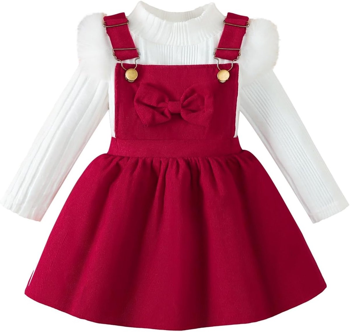 Kleding voor kleine kinderen, babymeisjes, lange mouwen, gebreid, geribbeld, strik, corduroy, bretelrok, jurk, outfits