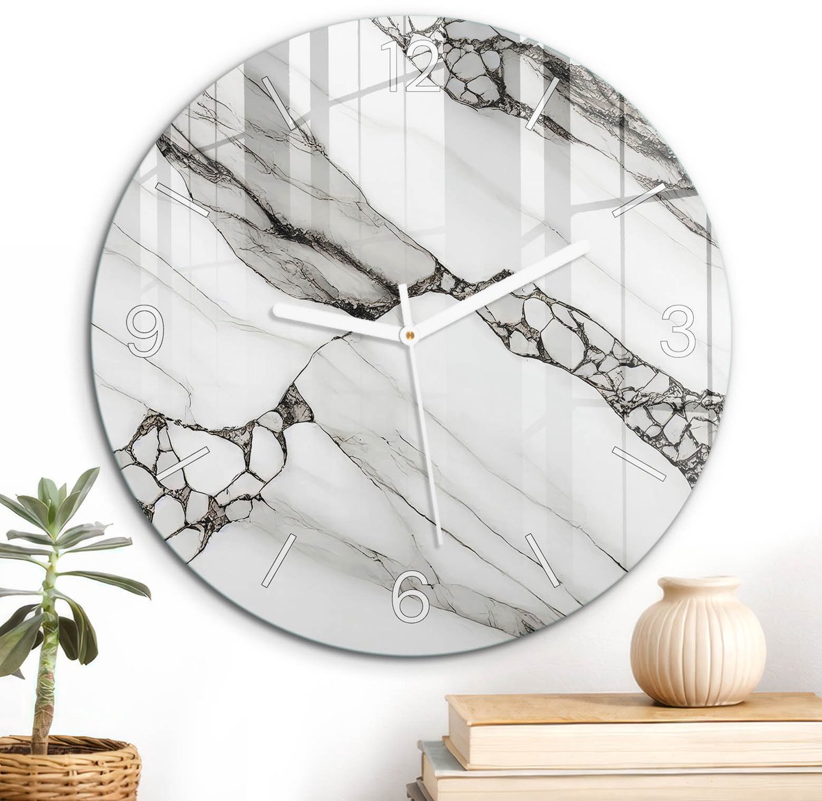 ArtPrintCave Wit Glazen Klok - Wandklok 30 cm - Muurklok Rond - Marmerpatroon Stille Wandklok - Achtergronden En Patronen Wandklok Keuken - Witte Klokwijzers