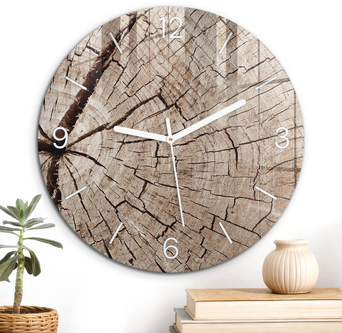 ArtPrintCave Bruin Glazen Klok - Wandklok 30 cm - Muurklok Rond - Houtstructuur Unieke Klok - Natuur Stille Wandklok - Witte Klokwijzers