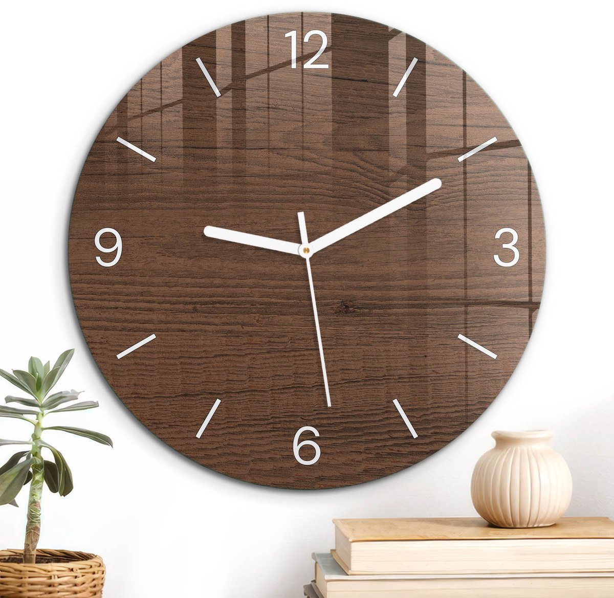 ArtPrintCave Bruin Glazen Klok - Wandklok 30 cm - Muurklok Rond - Bruin Hout Stille Wandklok - Kunst Wandklok Keuken - Witte Klokwijzers