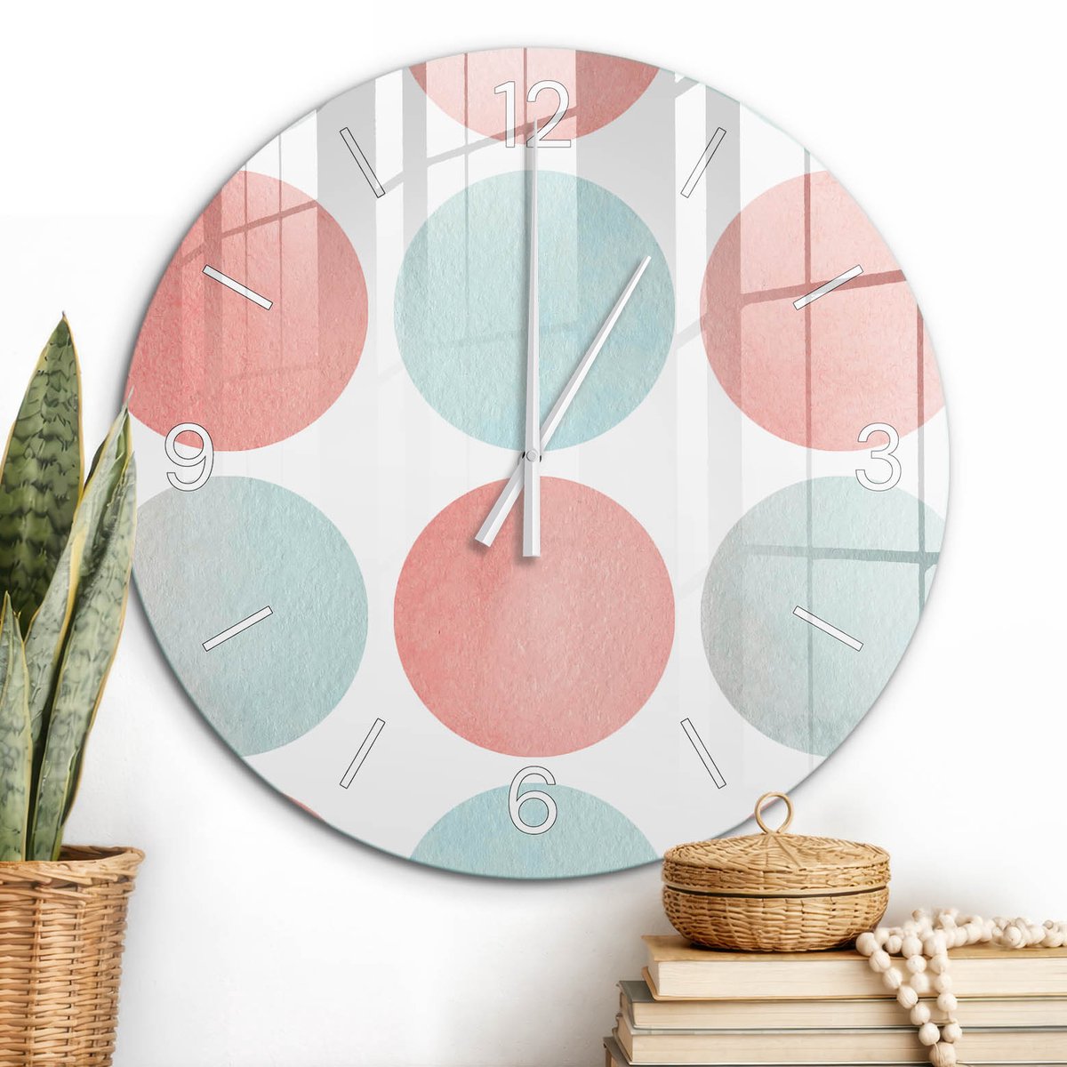ArtPrintCave Roze Glazen Klok - Wandklok 60 cm - Muurklok Rond - Pastelkleurige Cirkels Stille Wandklok - Abstractie Wandklok Keuken - Witte Klokwijzers