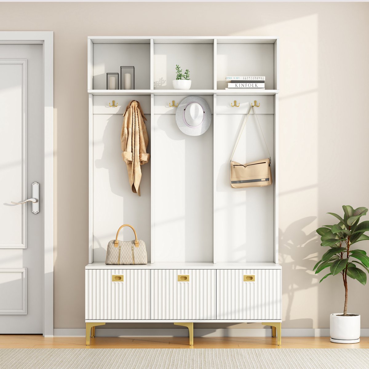 Sweiko Schoenenkast - Halmeubel - Met zitting - Open opbergruimte - 6 haken - Metalen poten - Wit
