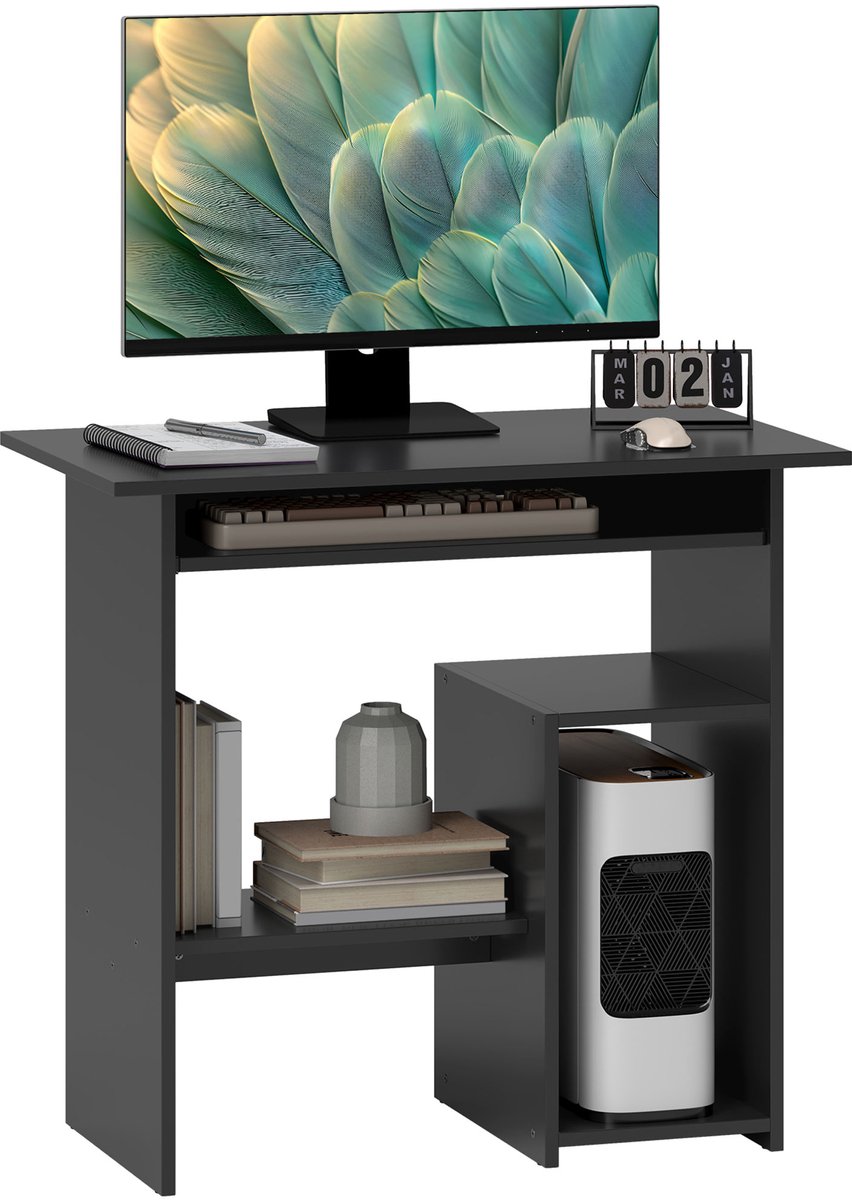 Zwart Computerbureau - Met Opbergruimte en Toetsenbordhouder - Ideaal voor Werken en Studeren - Compact Bureau 80x45x75 cm - Zwart