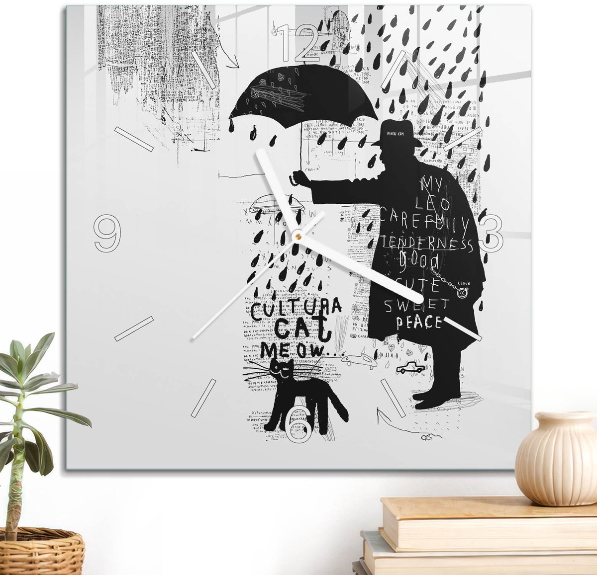 ArtPrintCave Zwart-wit Glazen Klok - 30x30 cm - Wandklok Vierkant - Regenachtige Afbeeldingen Wandklok Keuken - Abstractie Unieke Klok - Witte Klokwijzers