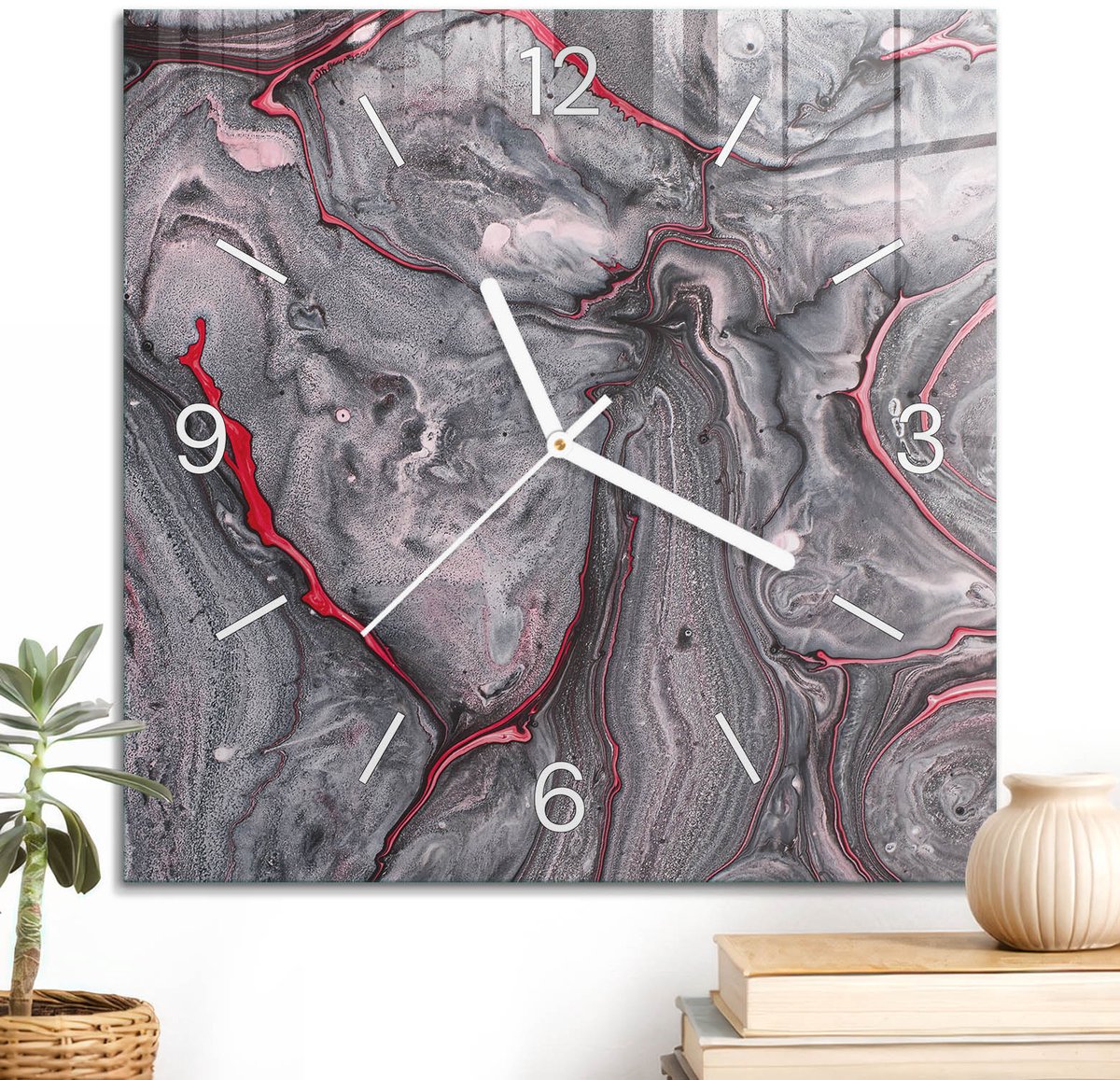 ArtPrintCave Grijs Glazen Klok - 30x30 cm - Wandklok Vierkant - Abstracte Vormen Stille Wandklok - Kunst Wandklok Keuken - Witte Klokwijzers
