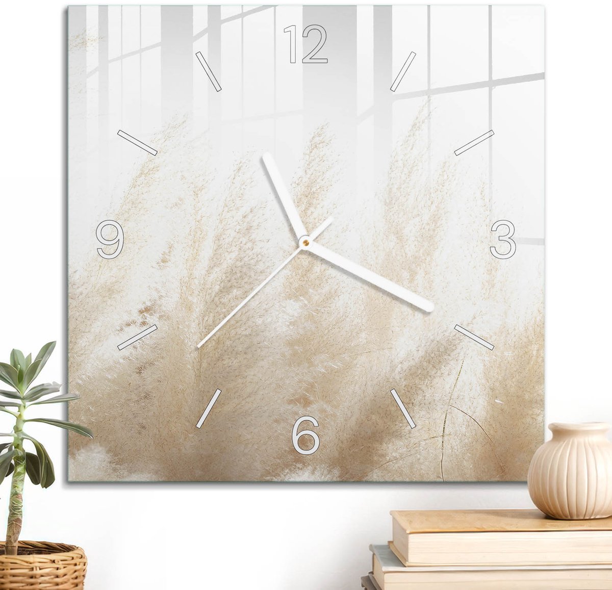 ArtPrintCave Beige Glazen Klok - 30x30 cm - Wandklok Vierkant - Tere Grassen Stille Wandklok - Achtergronden En Patronen Wandklok Keuken - Witte Klokwijzers