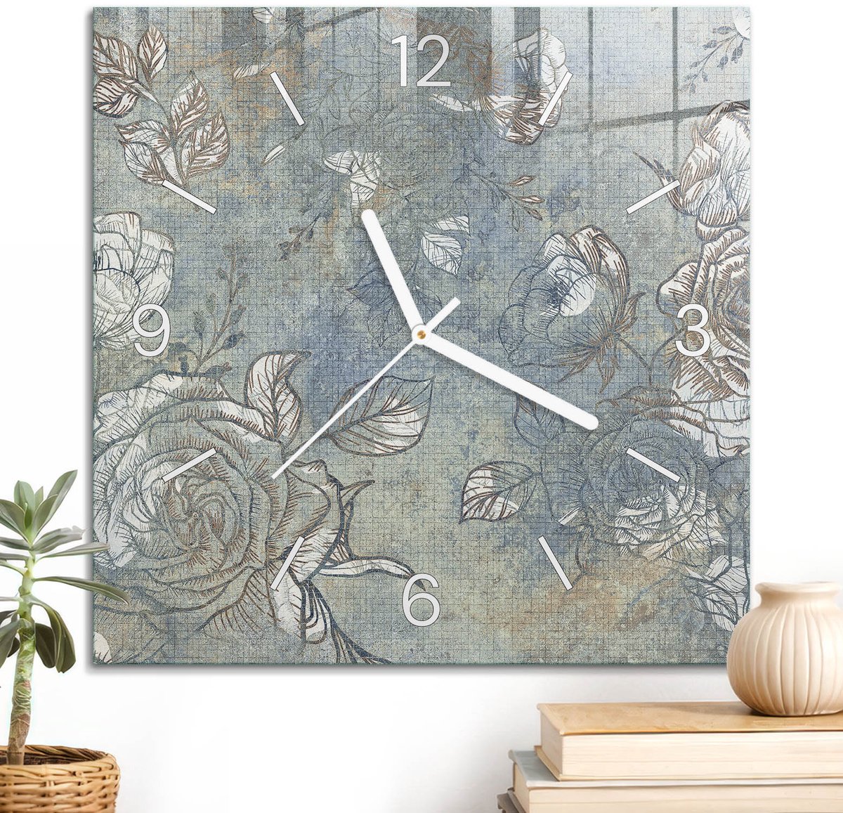 ArtPrintCave Beige Glazen Klok - 30x30 cm - Wandklok Vierkant - Rozenornamenten Unieke Klok - Texturen Stille Wandklok - Witte Klokwijzers