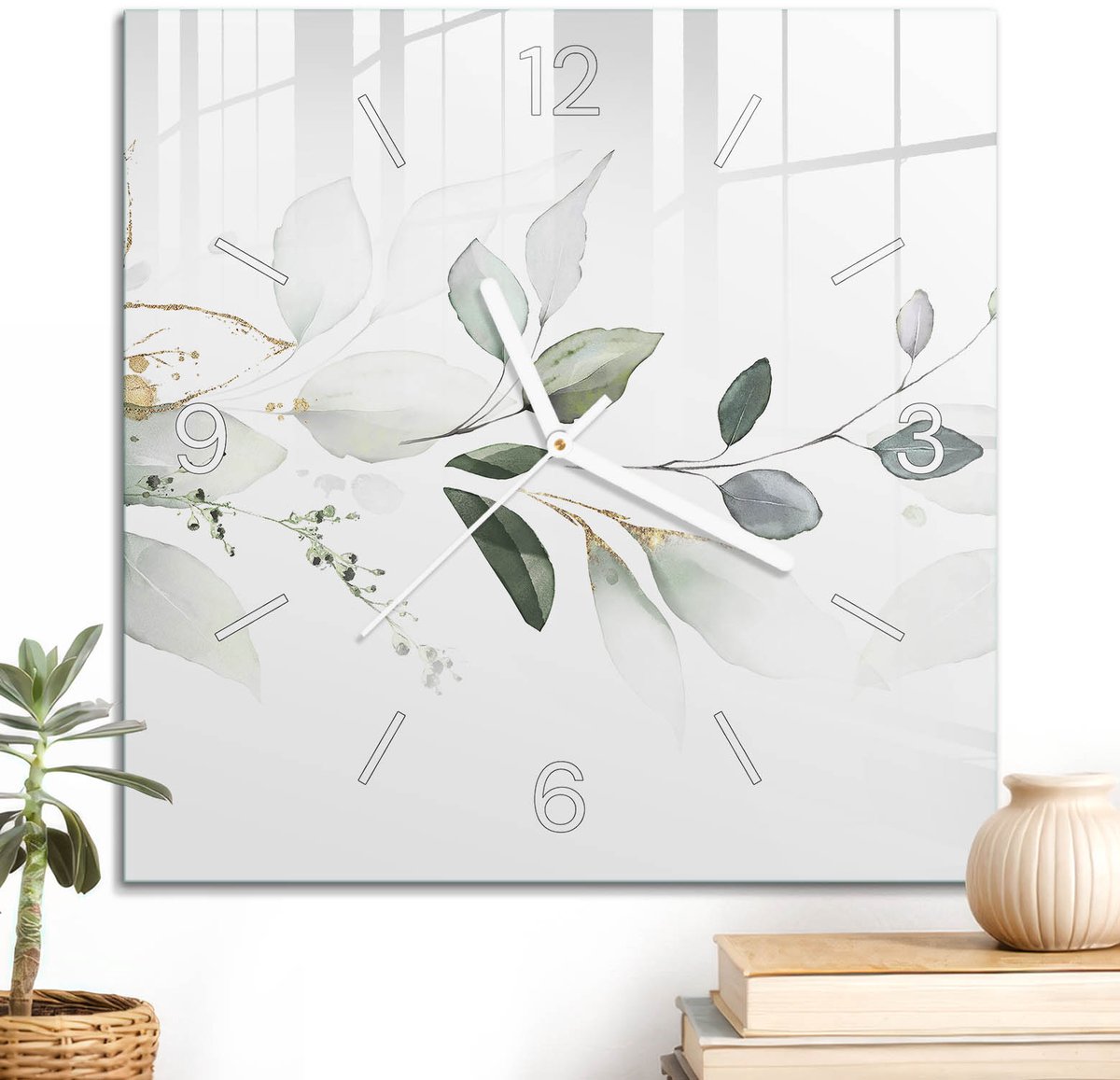 ArtPrintCave Groene Glazen Klok - 30x30 cm - Wandklok Vierkant - Inspiratie Uit De Natuur Stille Wandklok - Natuur Wandklok Keuken - Witte Klokwijzers