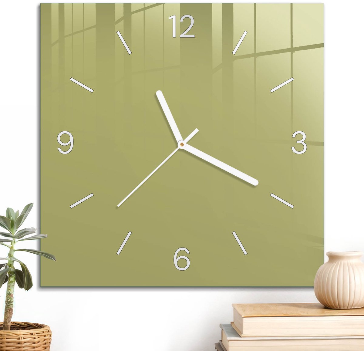 ArtPrintCave Geel Glazen Klok - 30x30 cm - Wandklok Vierkant - Groene Vintage Stille Wandklok - Abstractie Wandklok Keuken - Witte Klokwijzers
