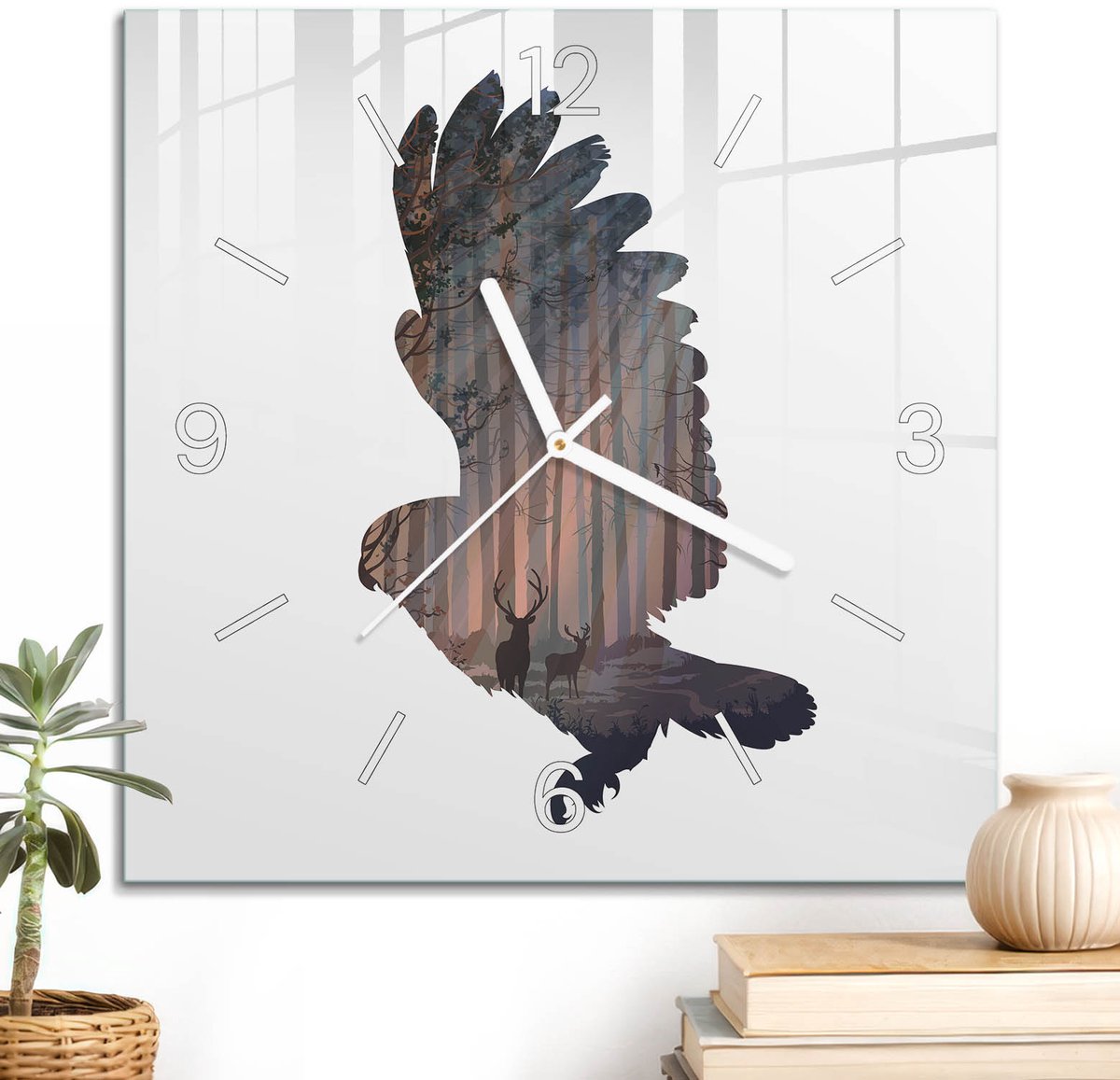 ArtPrintCave Zwart Glazen Klok - 30x30 cm - Wandklok Vierkant - Bosarend Wandklok Keuken - Natuur Unieke Klok - Witte Klokwijzers