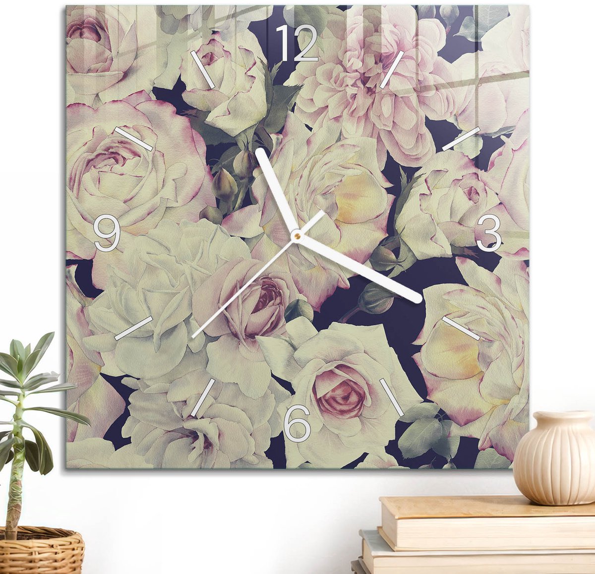 ArtPrintCave Roze Glazen Klok - 30x30 cm - Wandklok Vierkant - Romantische Bloemen Stille Wandklok - Natuur Wandklok Keuken - Witte Klokwijzers