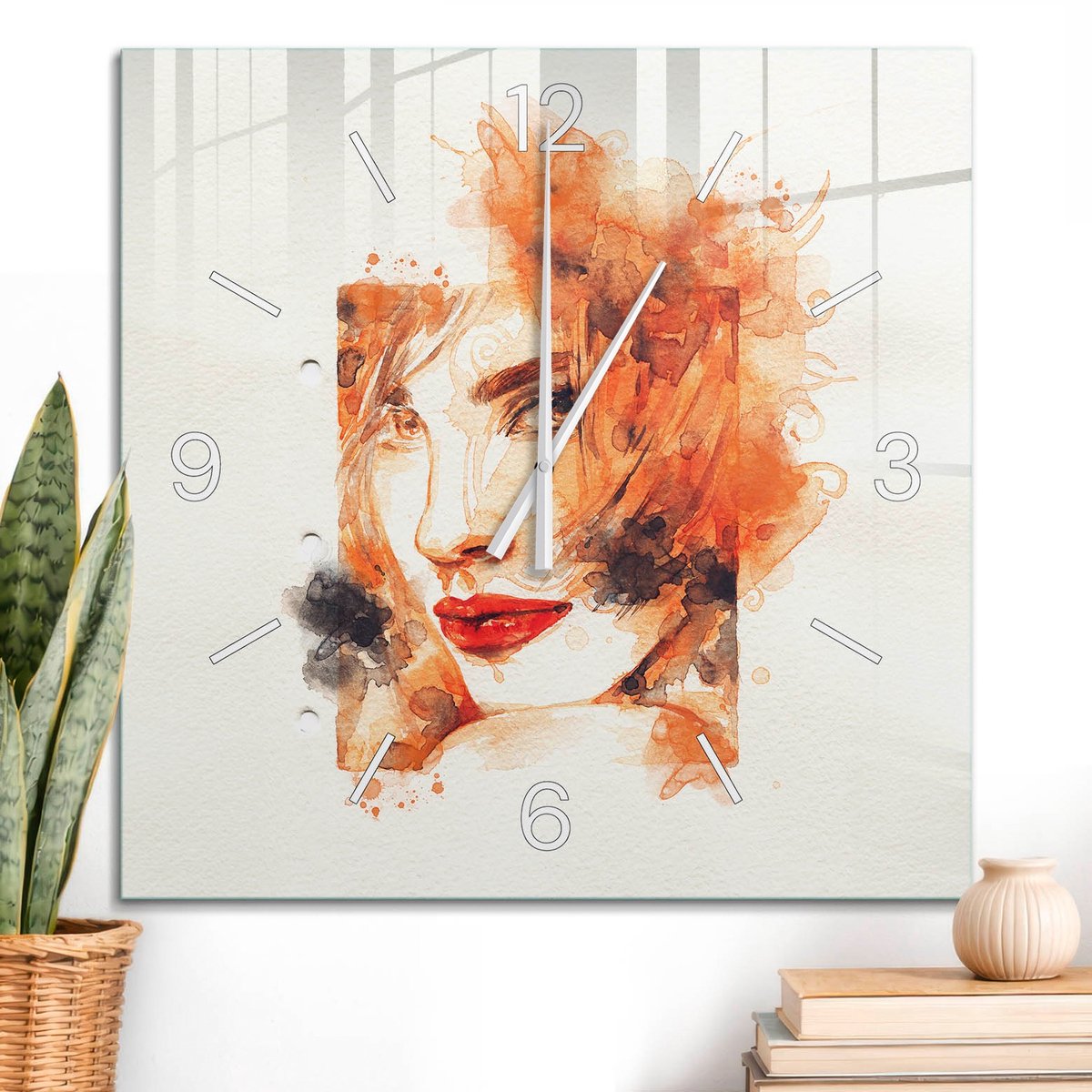 ArtPrintCave Oranje Glazen Klok - 60x60 cm - Wandklok Vierkant - Portret Van Een Vrouw Unieke Klok - Abstractie Stille Wandklok - Witte Klokwijzers