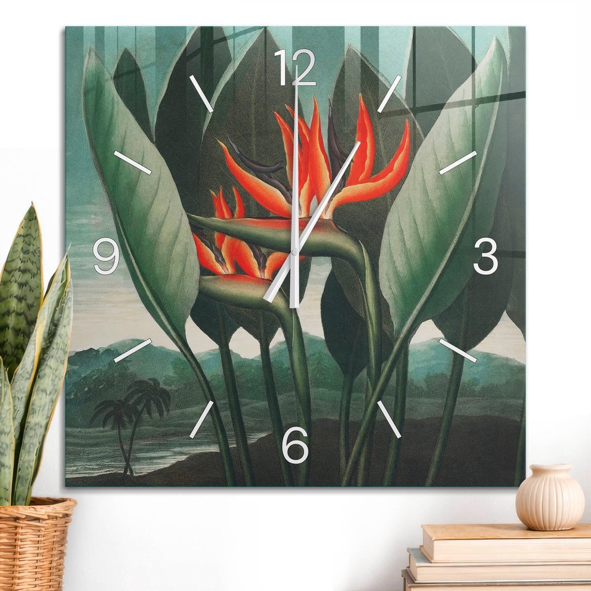 ArtPrintCave Groene Glazen Klok - 60x60 cm - Wandklok Vierkant - Exotische Flora Stille Wandklok - Natuur Wandklok Keuken - Witte Klokwijzers