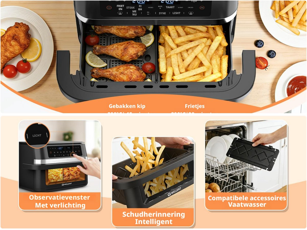 WELLENT Dubbele Airfryer - 2x6L - 12 liter - 2 manden - Airfryer XXL - Touchscreen - Kijkvenster - 8 programma's - 2950W thumbnail 4