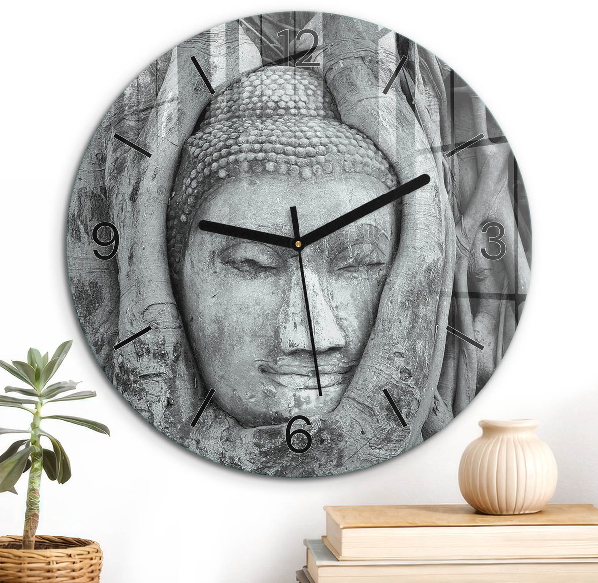 ArtPrintCave Grijs Glazen Klok - Wandklok 30 cm - Muurklok Rond - Geestelijke Harmonie Unieke Klok - Religie Stille Wandklok - Zwarte Klokwijzers