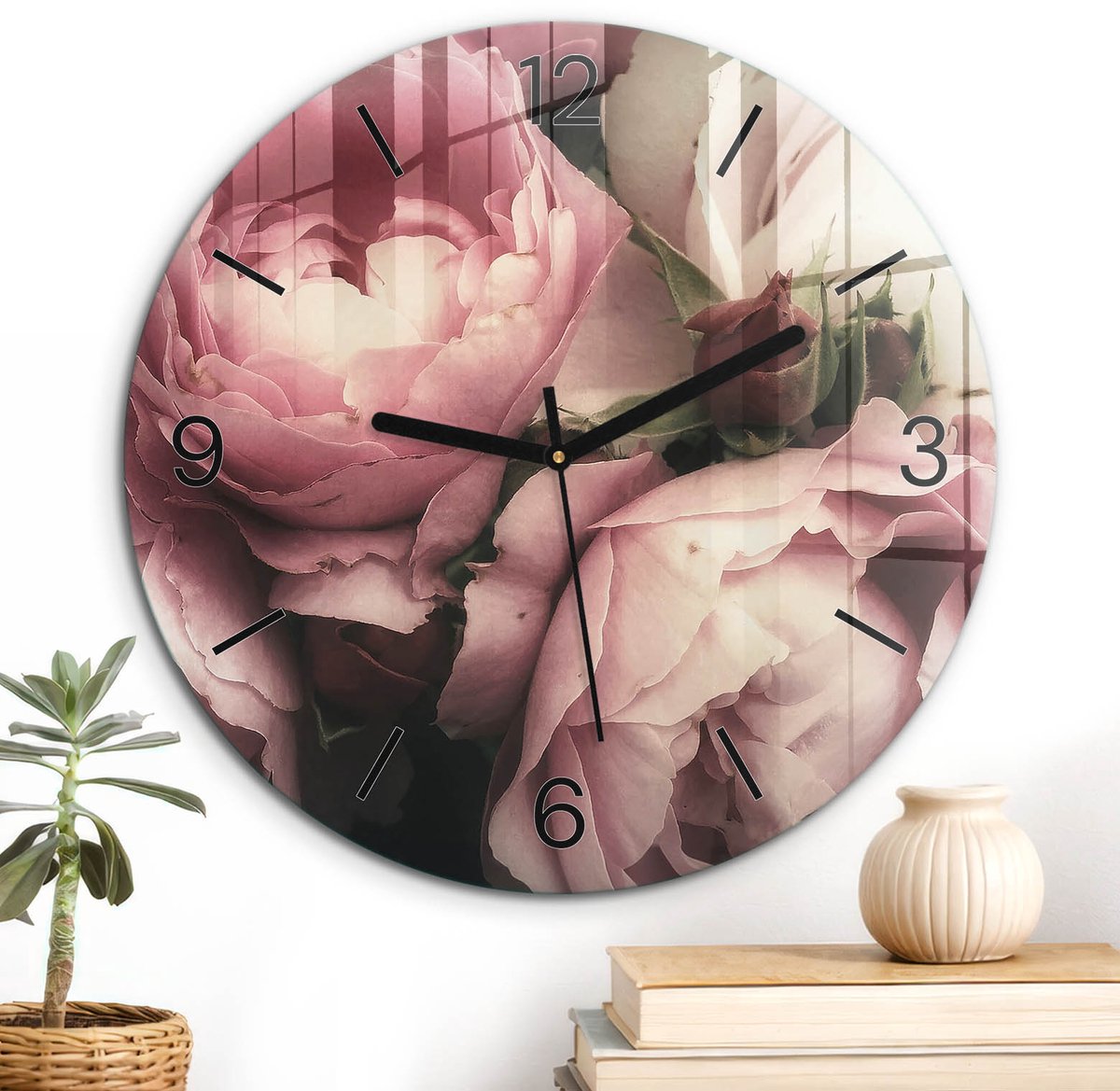 ArtPrintCave Roze Glazen Klok - Wandklok 30 cm - Muurklok Rond - Roze Rozen Wandklok Keuken - Natuur Unieke Klok - Zwarte Klokwijzers