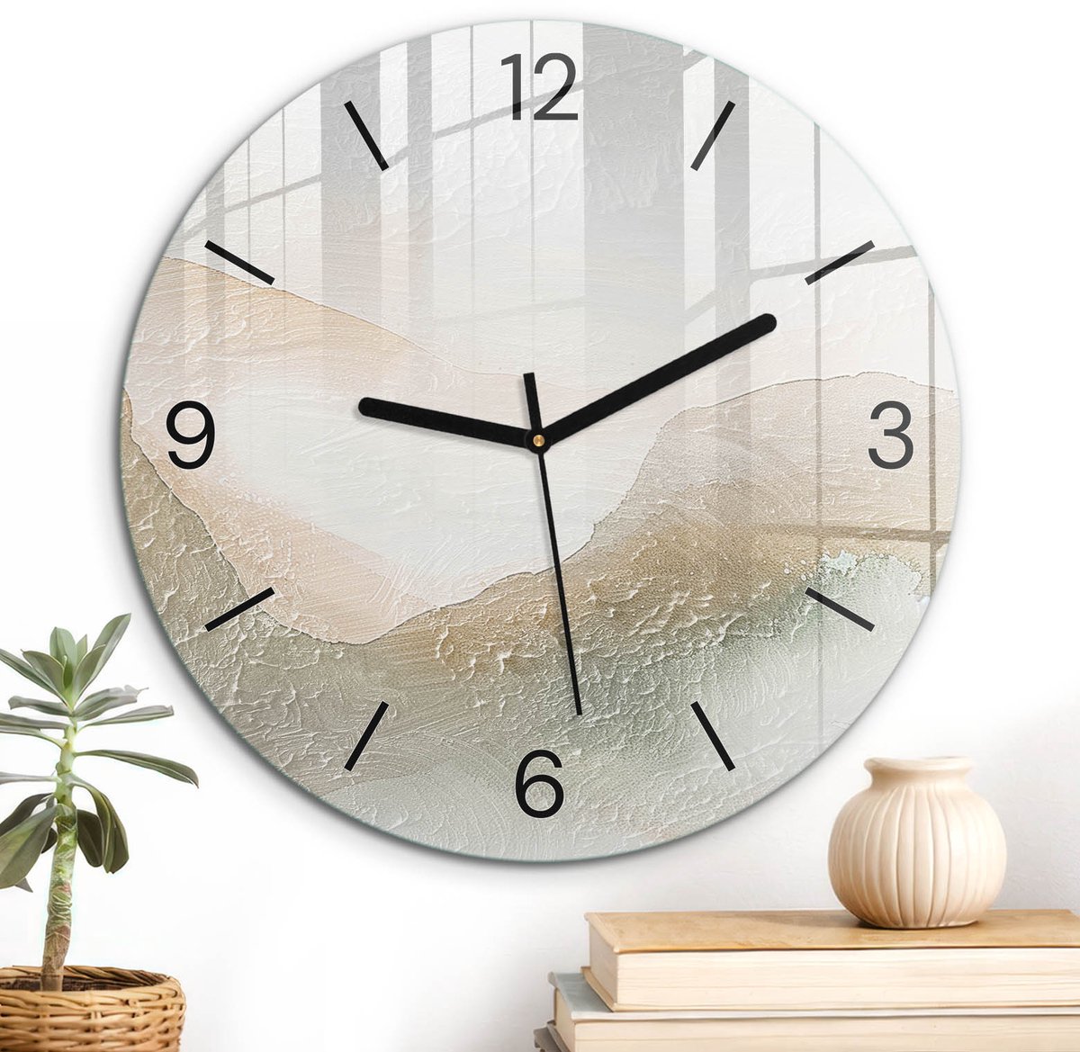 ArtPrintCave Beige Glazen Klok - Wandklok 30 cm - Muurklok Rond - Harmonie Van De Natuur Wandklok Keuken - Abstractie Unieke Klok - Zwarte Klokwijzers