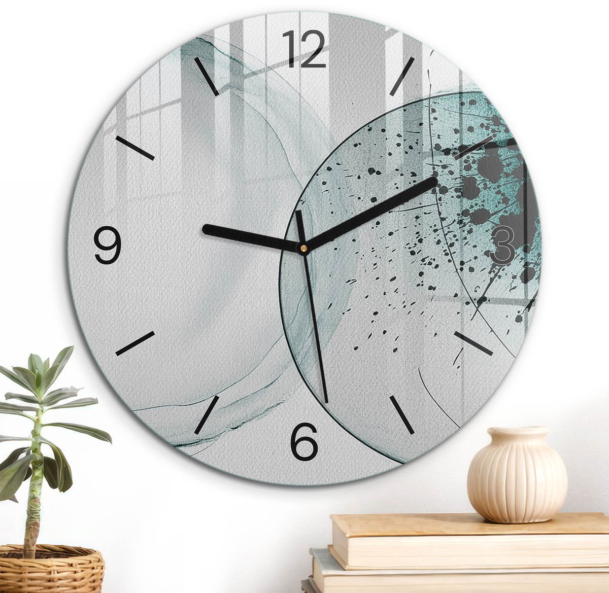 ArtPrintCave Grijs Glazen Klok - Wandklok 30 cm - Muurklok Rond - Moderne Abstractie Stille Wandklok - Geometrie Wandklok Keuken - Zwarte Klokwijzers