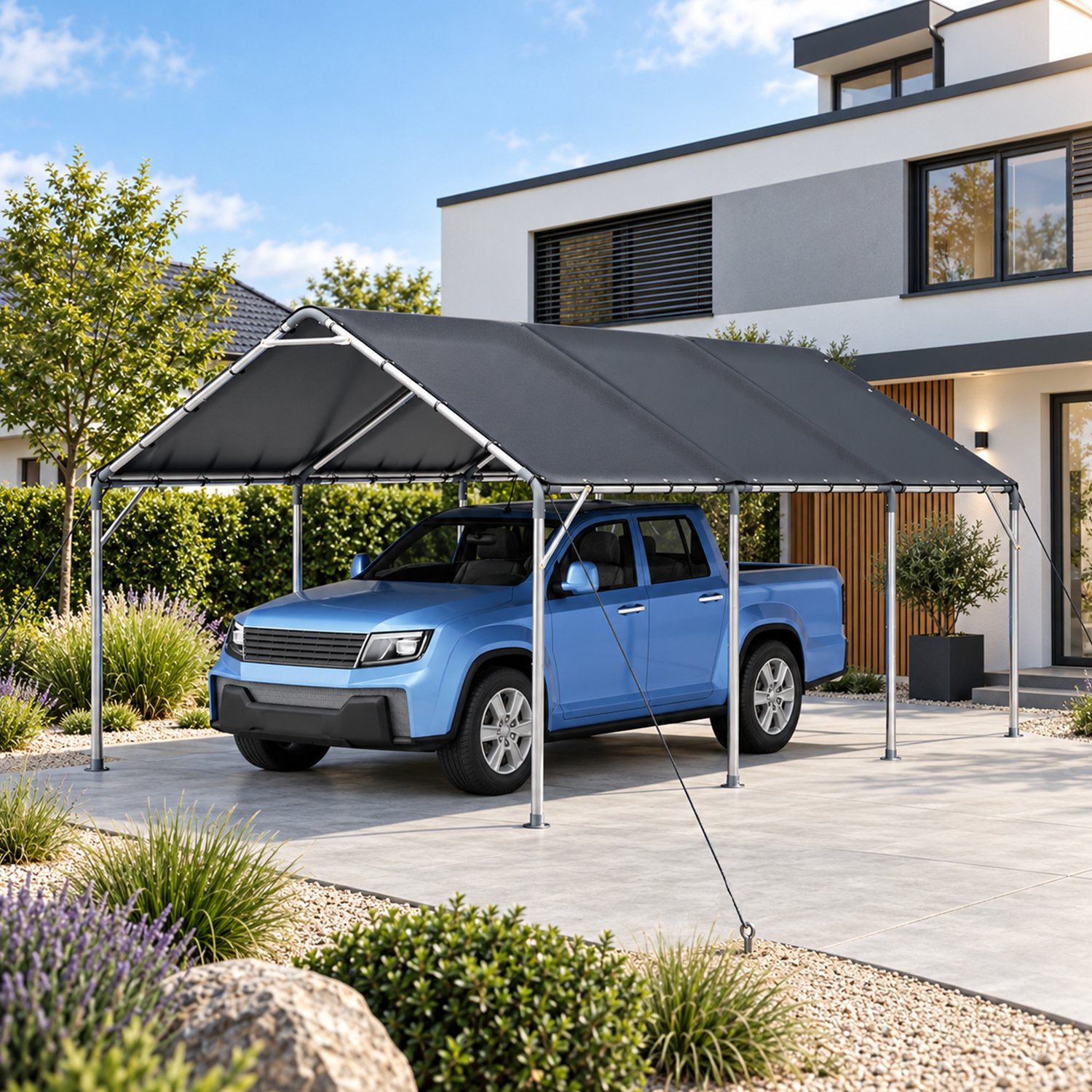 VVBV Carport 610x396x308 cm, robuuste garagetent met verzinkt stalen frame en waterdicht PE-dak voor buiten, SUV, boot en tuin zwart