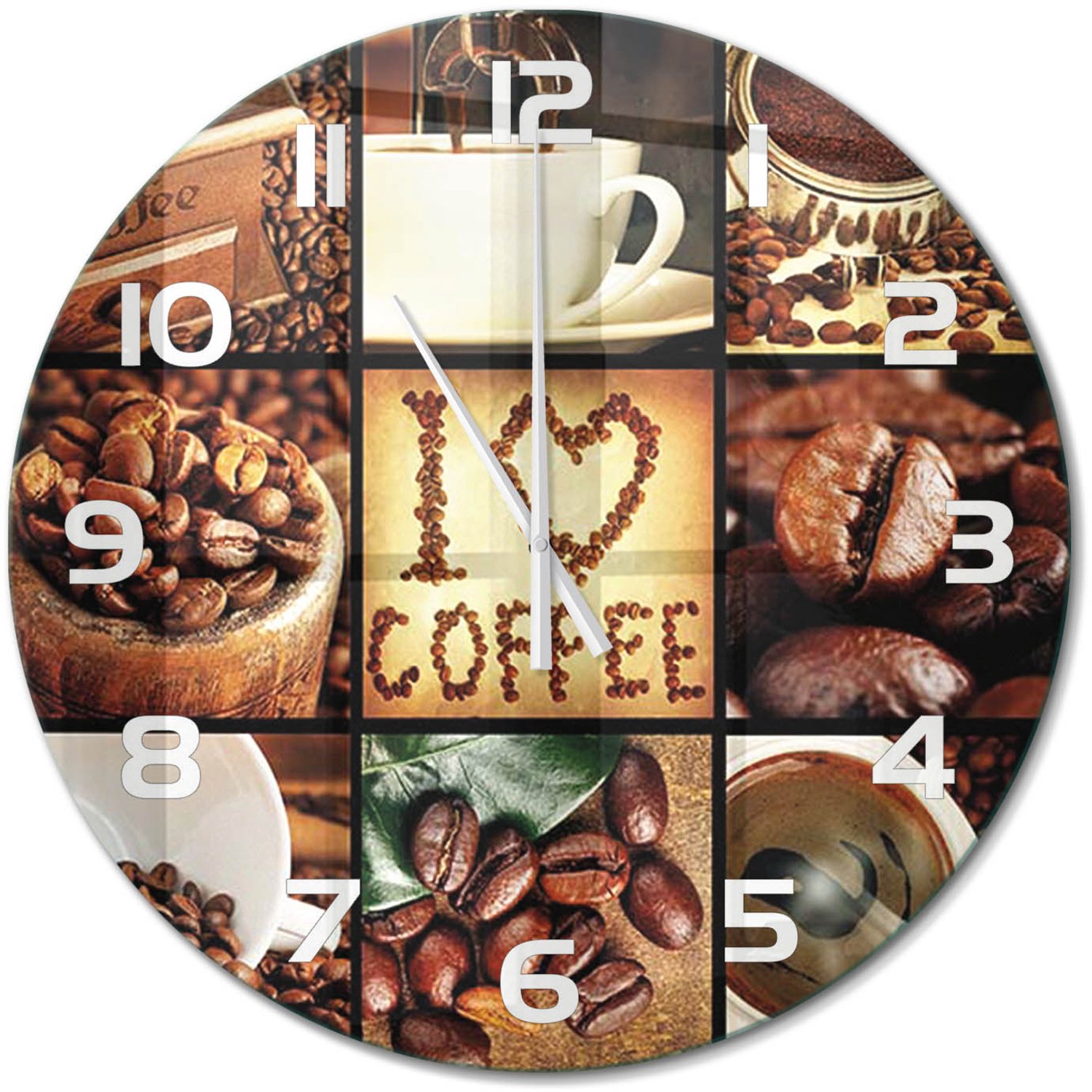 TULUP Wandklok - Koffiecollage Wandklok Glas Decoratie - fi60 cm - Bruin Gekleurde Glazen Klok - Witte handen - Ronde Klok - Klok Glas Met Opdruk - Moderne Wandklok Glas
