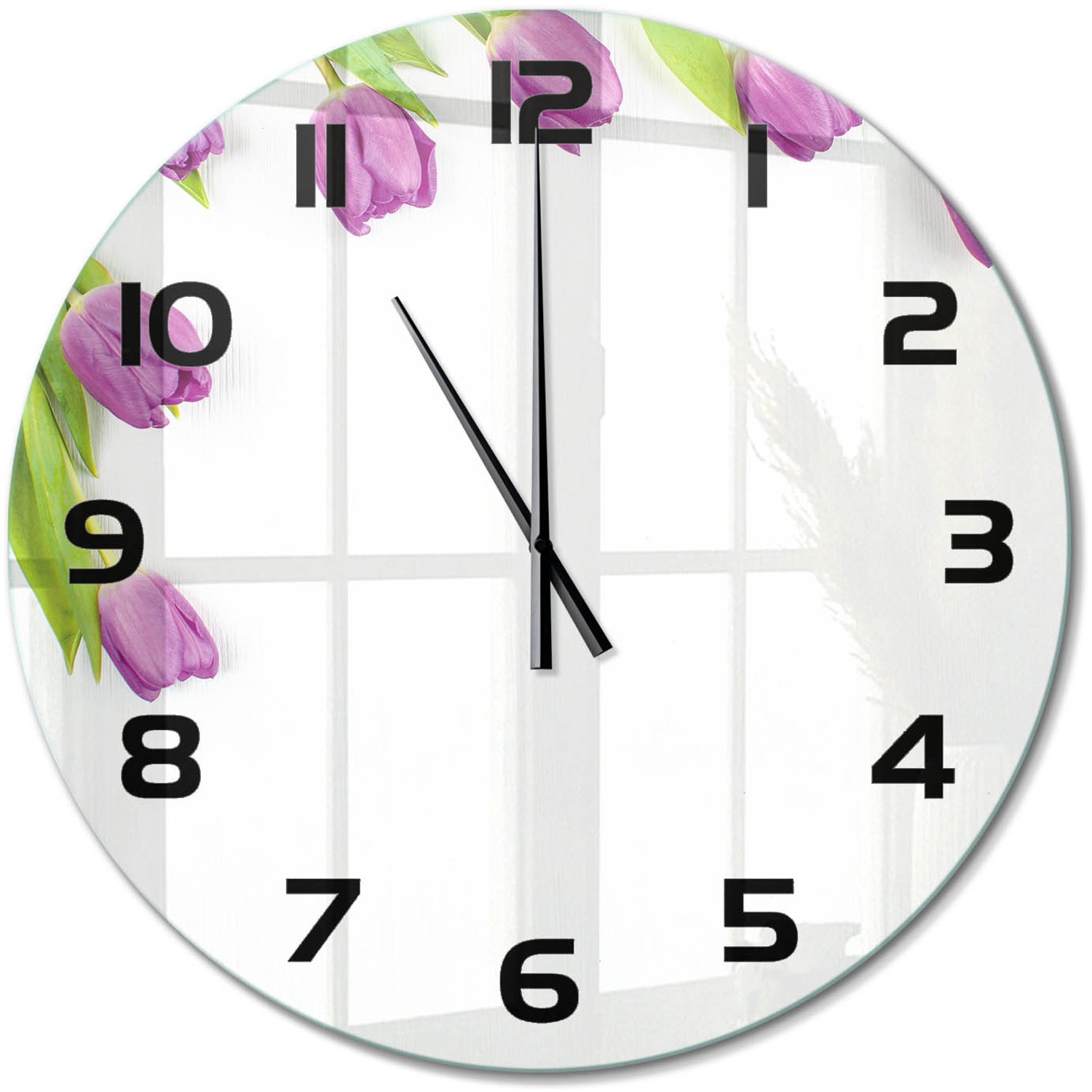 TULUP Wandklok - Paarse tulpen Glazen Wandklok Design - fi60 cm - Paars Klok Glas Met Opdruk - Zwarte handen - Ronde Klok - Wandklok Glas Met Motief - Decoratieve Glazen Klok