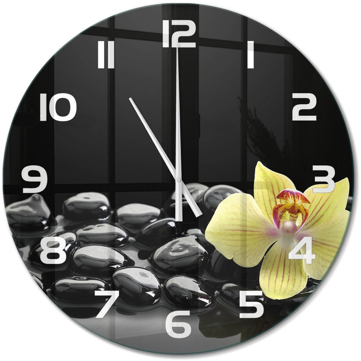 TULUP Wandklok - Orchidee Moderne Wandklok Glas - fi60 cm - Zwart Wandklok Glas Decoratie - Witte handen - Ronde Klok - Glazen Wandklok Design - Klok Glas Met Opdruk