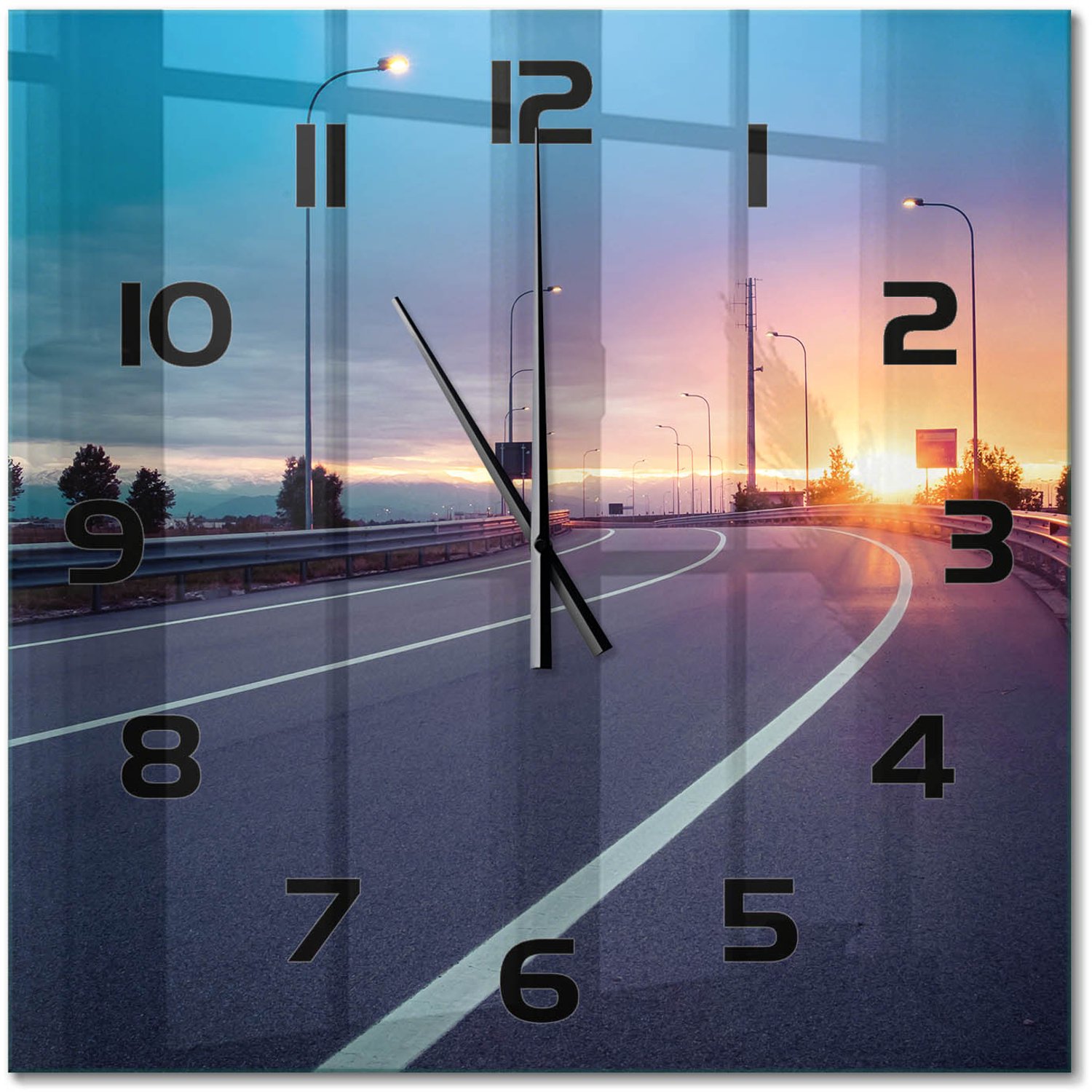 TULUP Wandklok - Snelweg Gekleurde Glazen Klok - 60x60 cm - Veelkleurig Glazen Klok Met Print - Zwarte handen - Vierkante Klok - Moderne Wandklok Glas - Wandklok Glas Decoratie