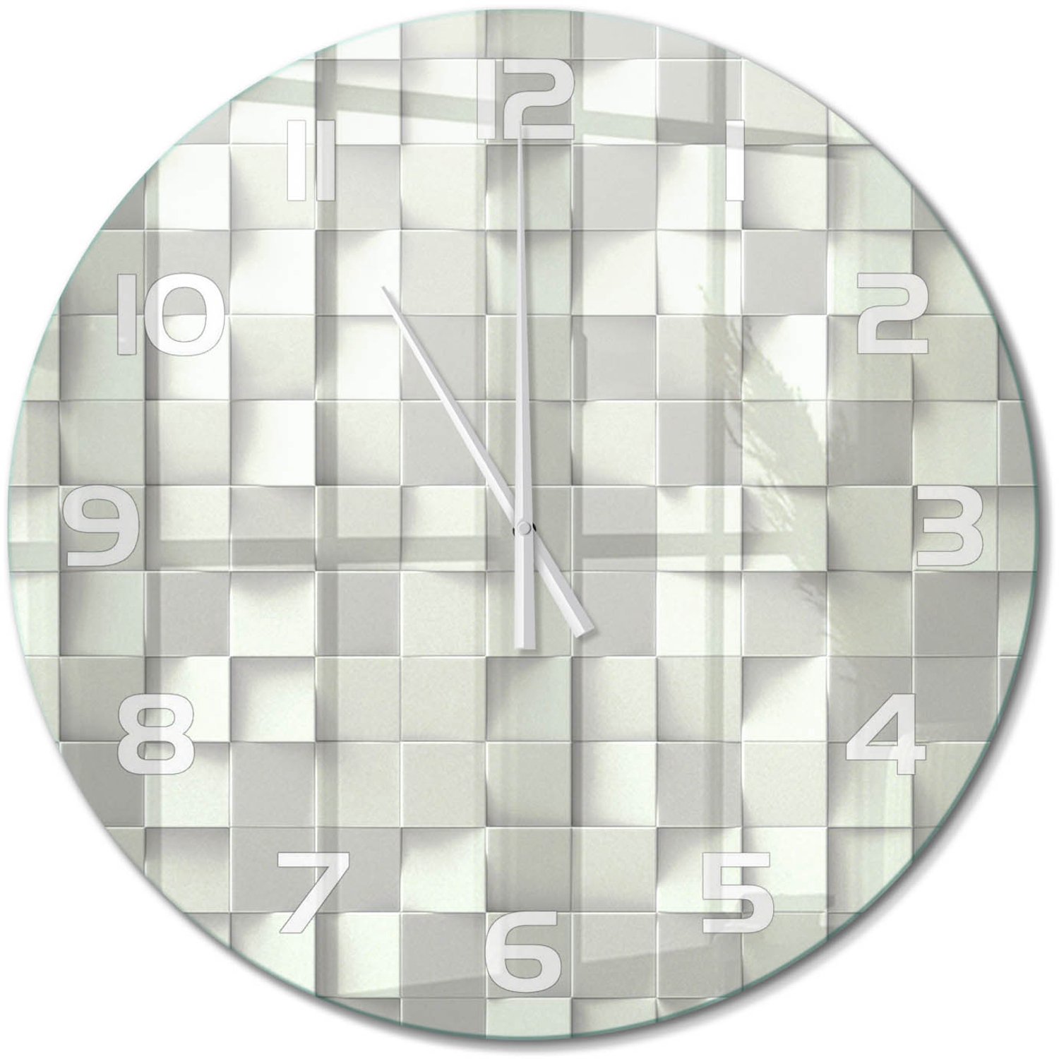 TULUP Wandklok - Geometrische achtergrond Glazen Wandklok Design - fi60 cm - Wit Klok Glas Met Opdruk - Witte handen - Ronde Klok - Wandklok Glas Met Motief - Decoratieve Glazen Klok