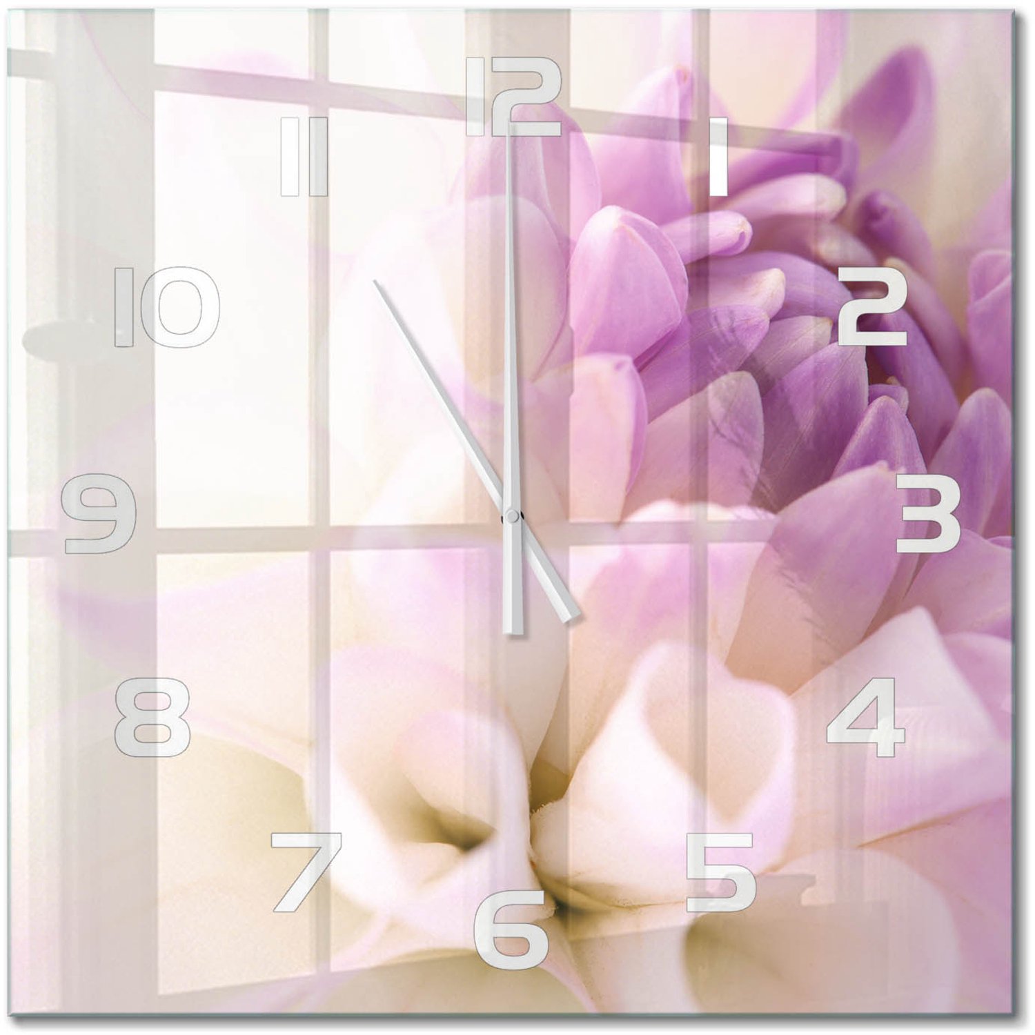 TULUP Wandklok - Witte dahlia Glazen Wandklok Design - 60x60 cm - Paars Klok Glas Met Opdruk - Witte handen - Vierkante Klok - Wandklok Glas Met Motief - Decoratieve Glazen Klok