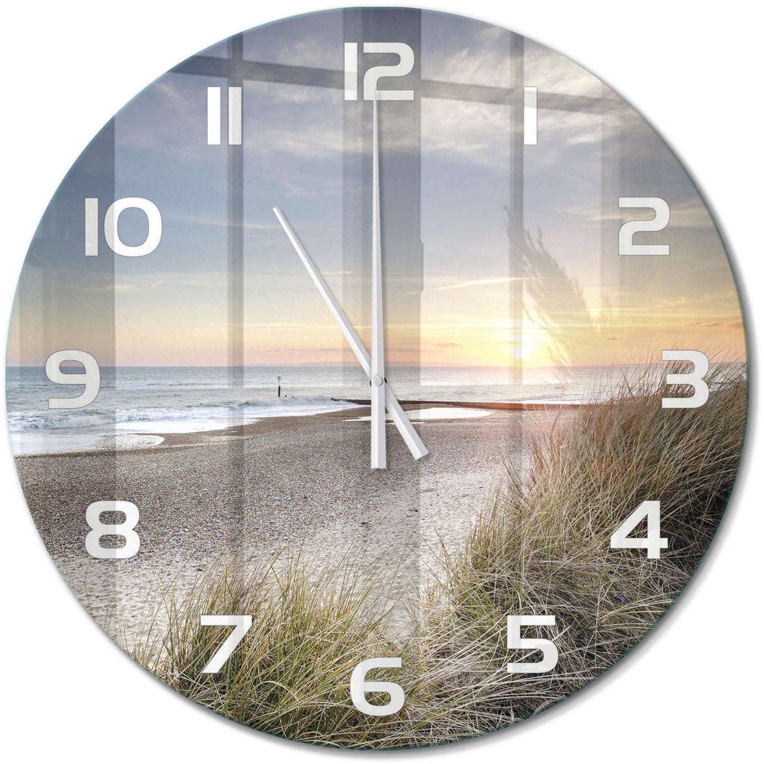 TULUP Wandklok - Zonsondergang en duinen Moderne Wandklok Glas - fi60 cm - Beige Wandklok Glas Decoratie - Witte handen - Ronde Klok - Glazen Wandklok Design - Klok Glas Met Opdruk