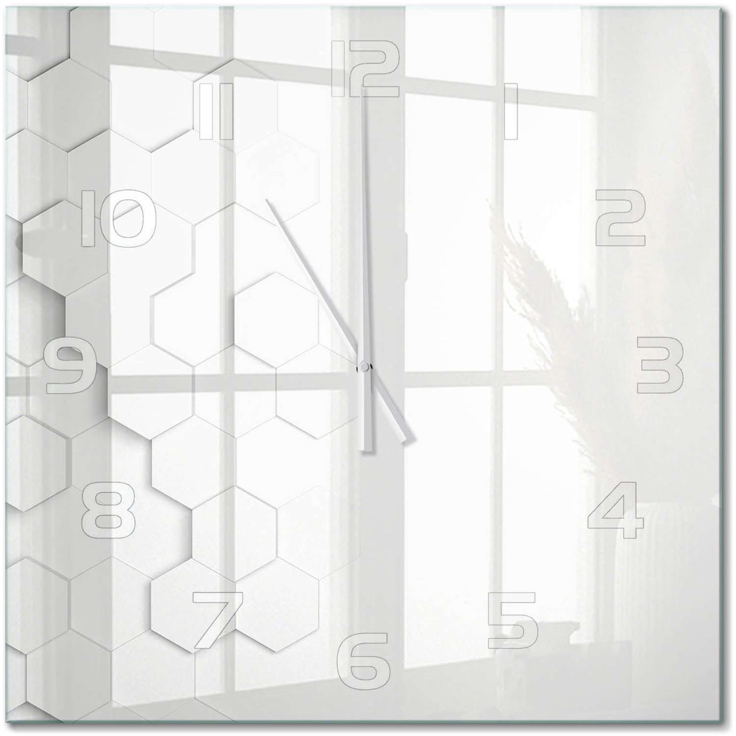 TULUP Wandklok - Zeshoekige achtergrond Wandklok Glas Met Motief - 60x60 cm - Wit Decoratieve Glazen Klok - Witte handen - Vierkante Klok - Gekleurde Glazen Klok - Glazen Klok Met Print