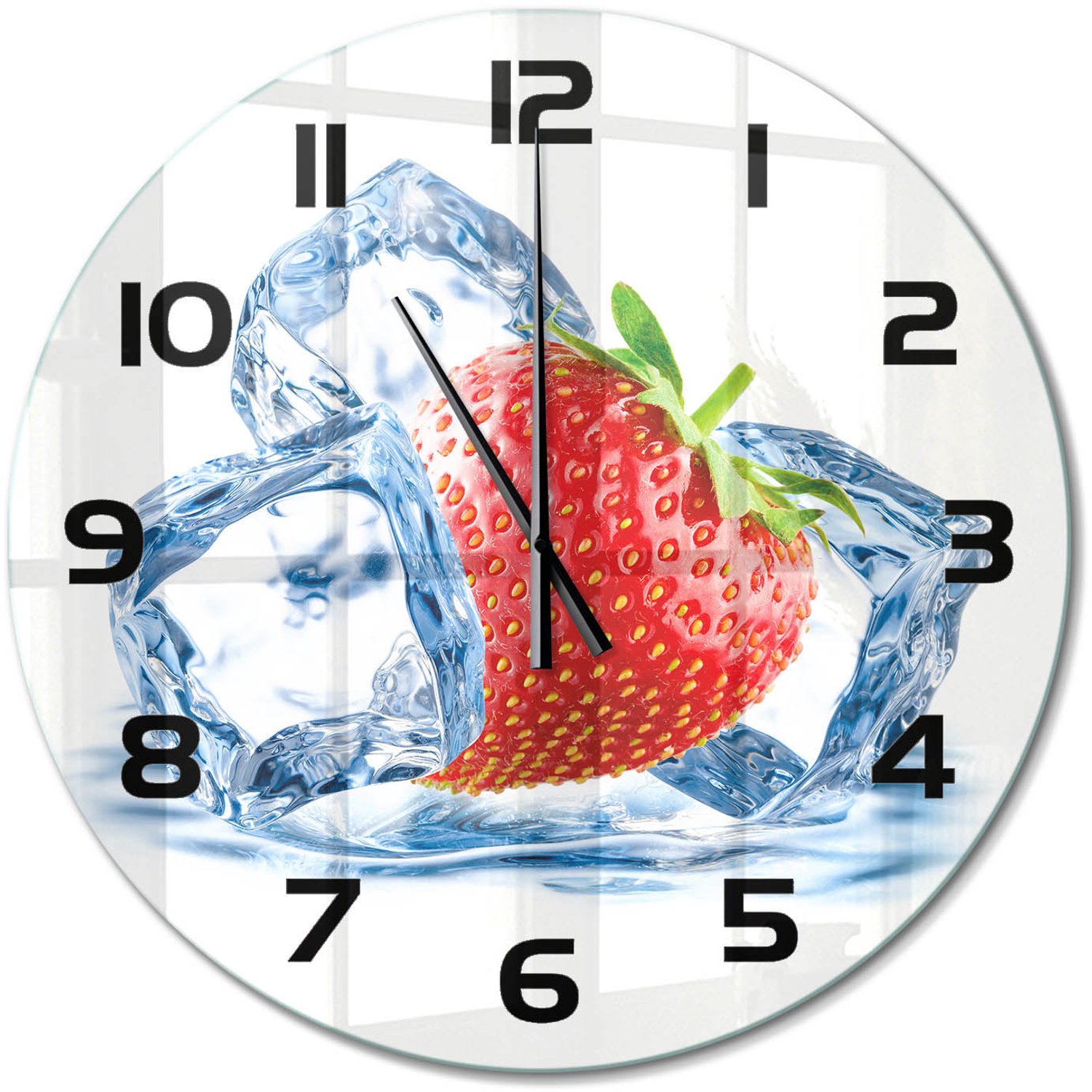 TULUP Wandklok - Aardbei met ijs Glazen Klok Met Print - fi60 cm - Rood Wandklok Glas Met Motief - Zwarte handen - Ronde Klok - Wandklok Glas Decoratie - Gekleurde Glazen Klok