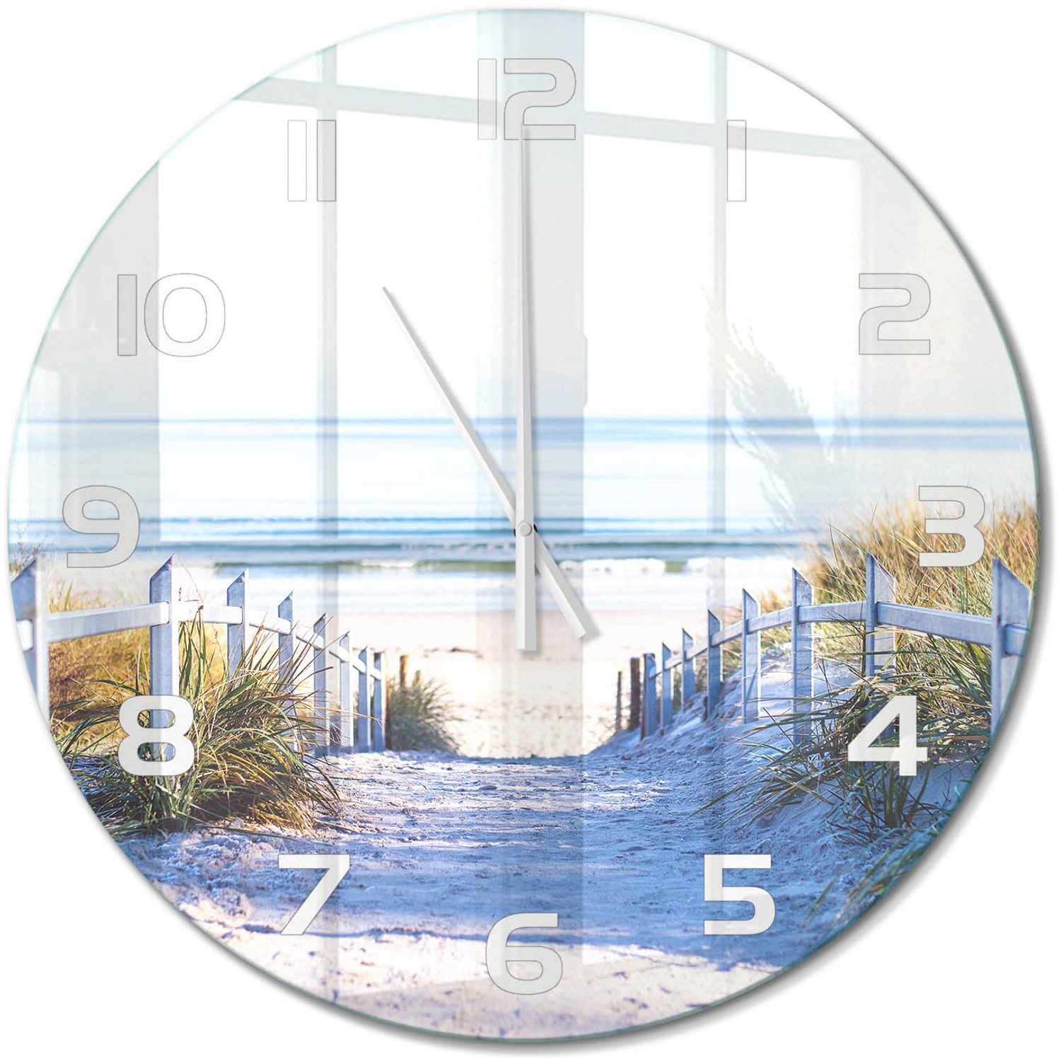 TULUP Wandklok - Kustduinen Gekleurde Glazen Klok - fi60 cm - Beige Glazen Klok Met Print - Witte handen - Ronde Klok - Moderne Wandklok Glas - Wandklok Glas Decoratie