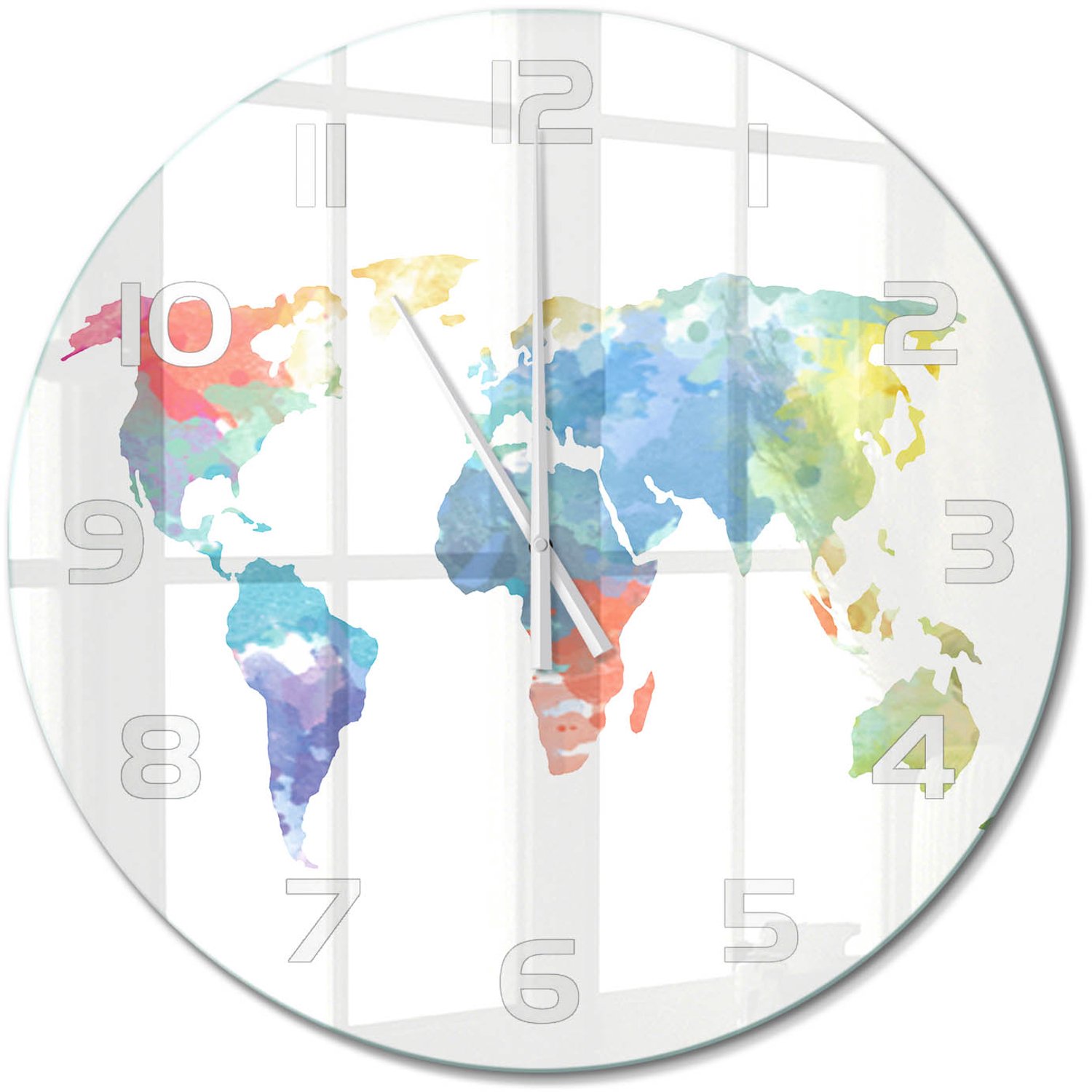 TULUP Wandklok - Wereldkaart Glazen Klok Met Print - fi60 cm - Veelkleurig Wandklok Glas Met Motief - Witte handen - Ronde Klok - Wandklok Glas Decoratie - Gekleurde Glazen Klok