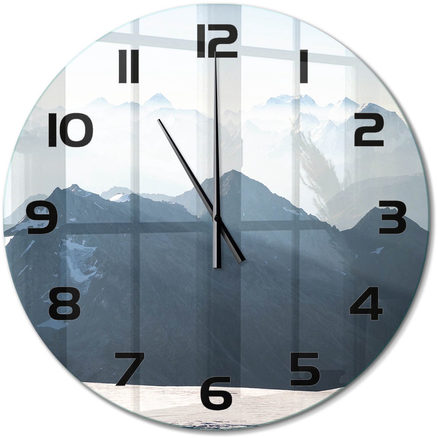 TULUP Wandklok - bergtop Gekleurde Glazen Klok - fi60 cm - Grijs Glazen Klok Met Print - Zwarte handen - Ronde Klok - Moderne Wandklok Glas - Wandklok Glas Decoratie
