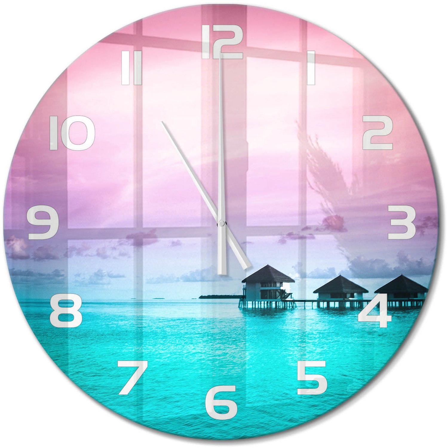 TULUP Wandklok - Bungalows aan het water Glazen Wandklok Design - fi60 cm - Blauw Klok Glas Met Opdruk - Witte handen - Ronde Klok - Wandklok Glas Met Motief - Decoratieve Glazen Klok