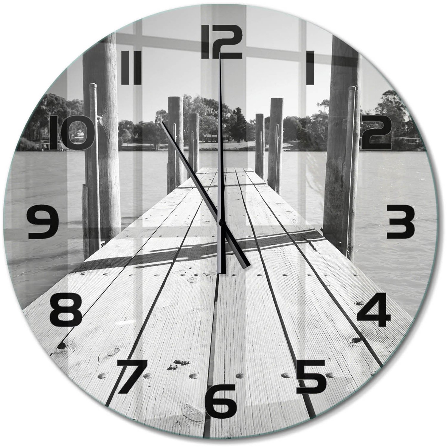 TULUP Wandklok - Houten brug Wandklok Glas Met Motief - fi60 cm - Zwart-wit Decoratieve Glazen Klok - Zwarte handen - Ronde Klok - Gekleurde Glazen Klok - Glazen Klok Met Print
