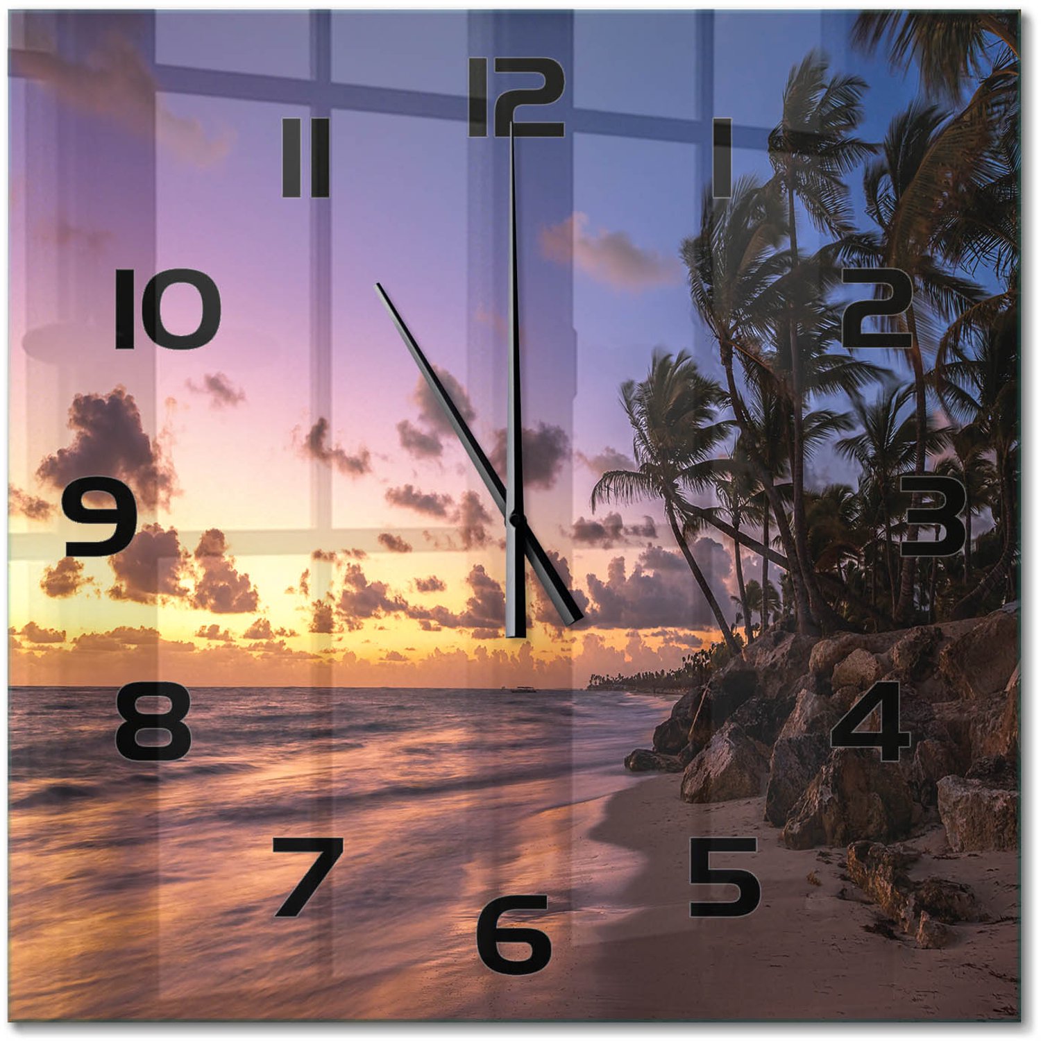 TULUP Wandklok - Weststrand Wandklok Glas Met Motief - 60x60 cm - Geel Decoratieve Glazen Klok - Zwarte handen - Vierkante Klok - Gekleurde Glazen Klok - Glazen Klok Met Print